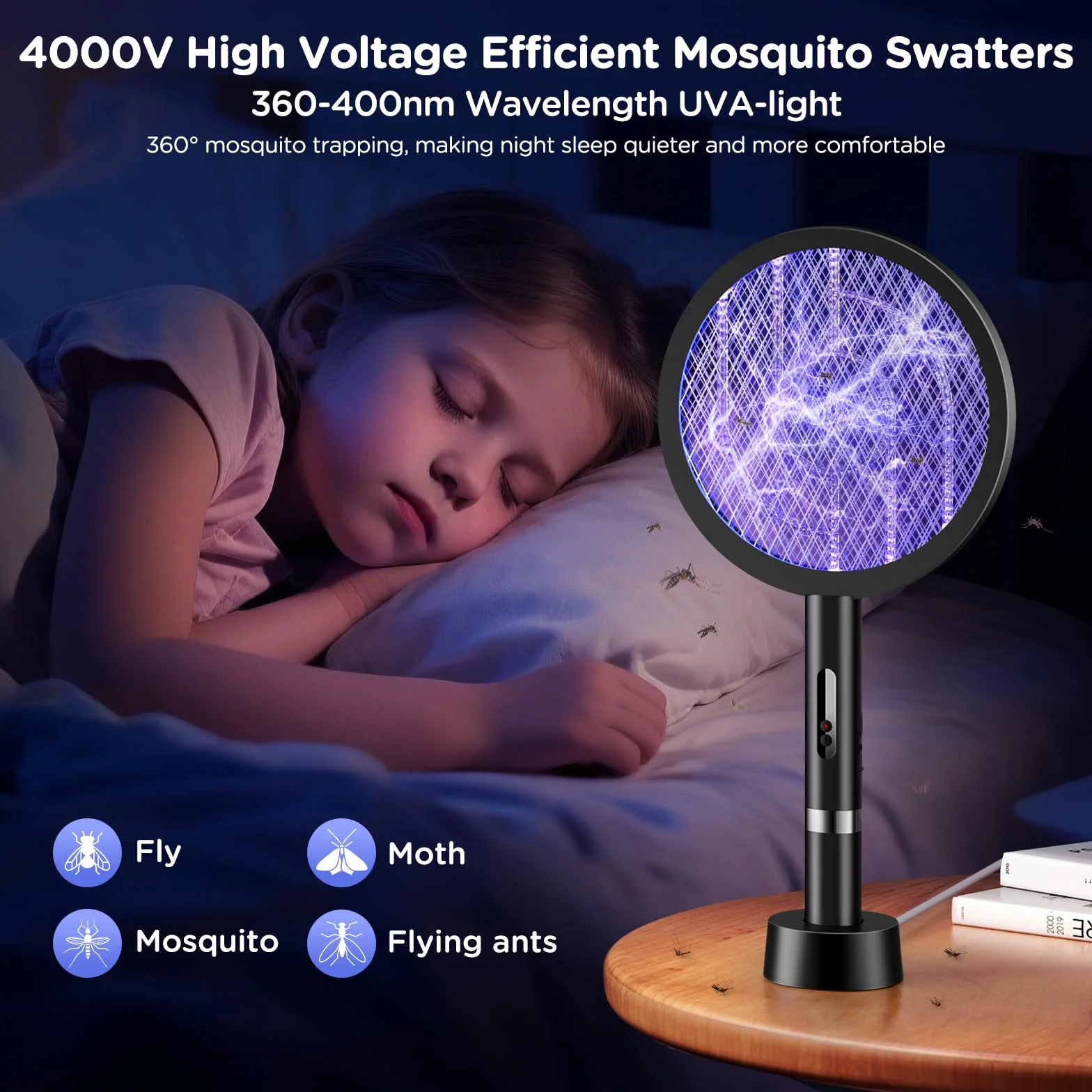 2 w 1 Packa na Muchy Elektryczna, 4000 V Ekstra Mocna Elektryczny Swatter, 3 Warstwową Siatką Bezpieczeństwa 1800mah USB Ladowalny Łapacz much, Fly Swatter do Sypialni i Pokoi Dziecięcych