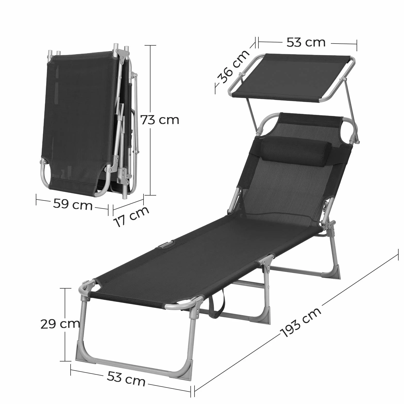 SONGMICS Leżak do opalania, leżak relaksacyjny z zagłówkiem, oparciem i parasolem, odchylany, lekki, składany, 53 x 193 x 29,5 cm, obciążenie 150 kg, do ogrodu, czarny GCB192B01