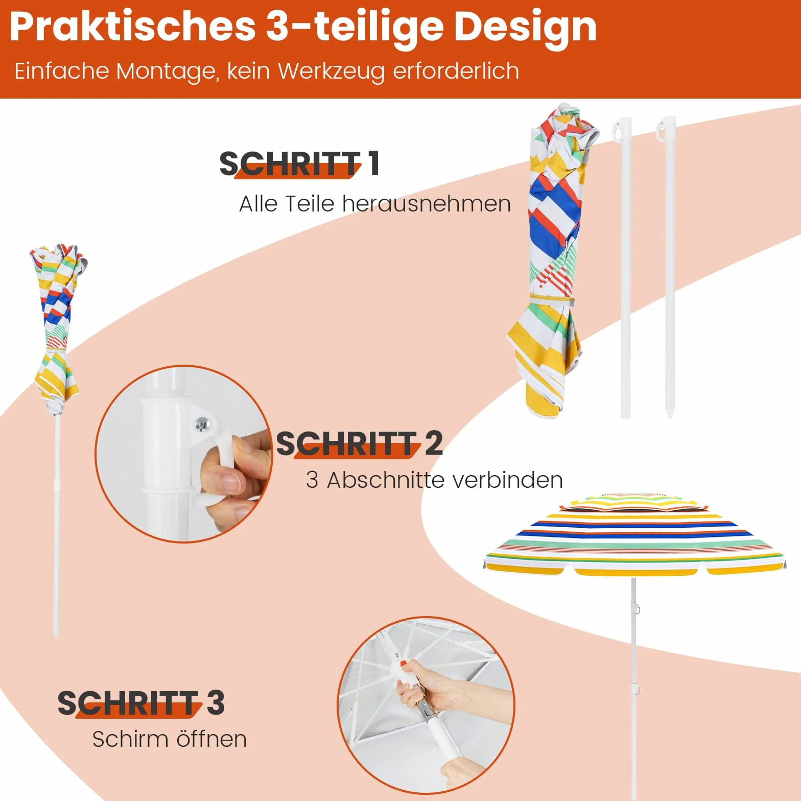 COSTWAY Parasol przeciwsłoneczny, 179 cm, odporny na wiatr, stabilny, UPF 50+, możliwość zginania w zakresie 30°, ochrona przed słońcem z ostrzem do wbijania w ziemię i torbą do przenoszenia, parasol