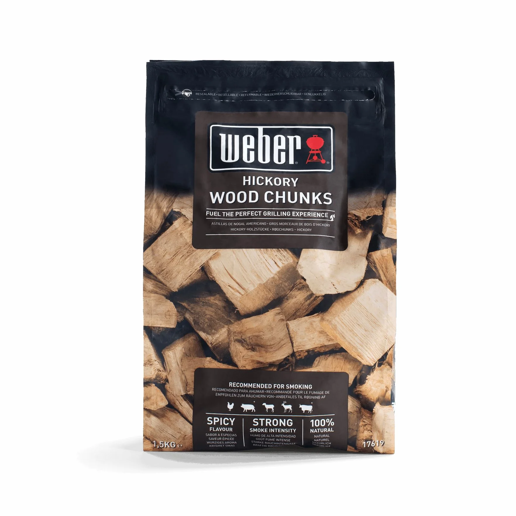 Weber Kawałki Drewna z Drewna Hickory (Opakowanie 1,5kg) - do wędzenia drobiu, wieprzowiny, dziczyzny i wołowiny, intensywny, lekko słodki aromat, 100% naturalne drewno (17619)