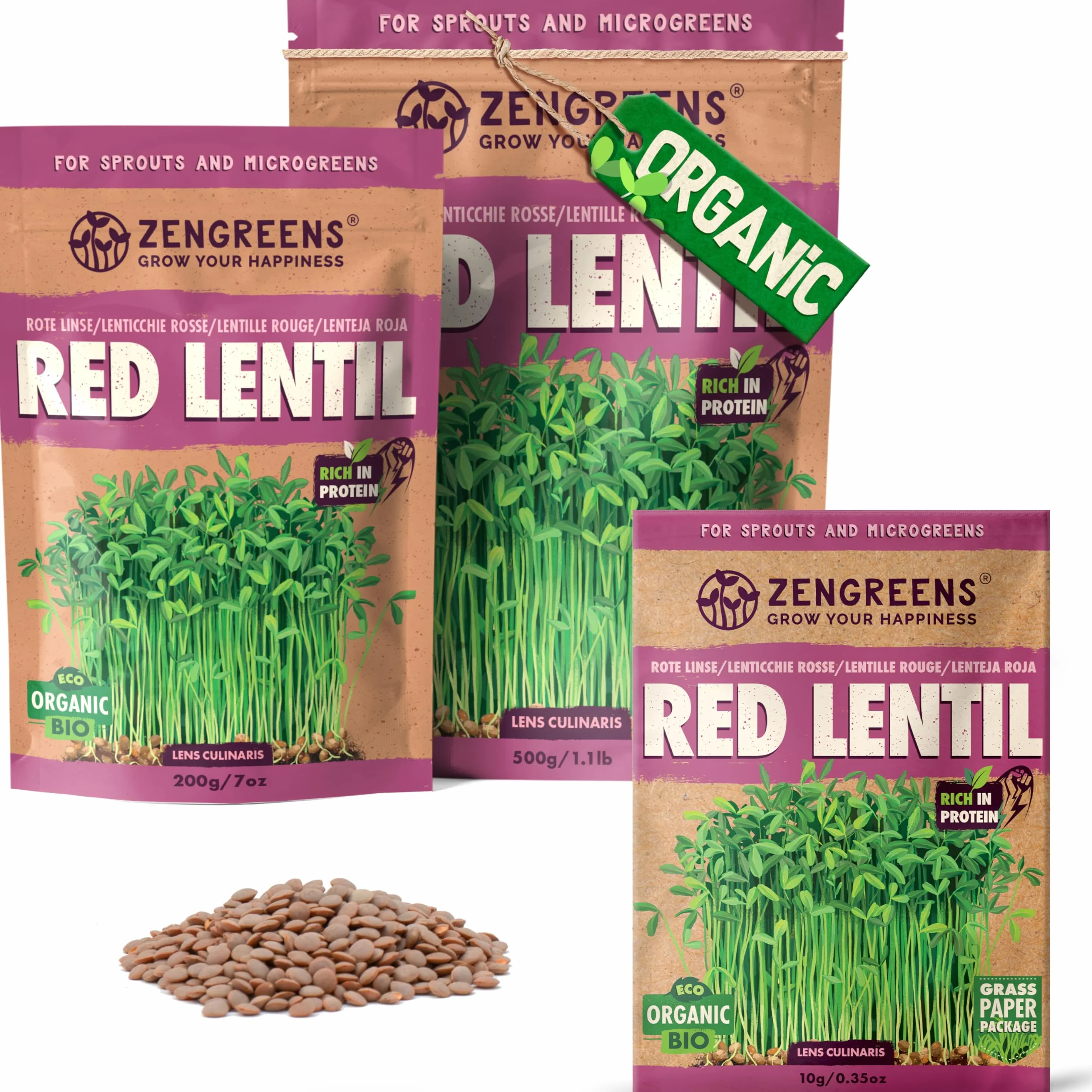 ZenGreens Organiczne nasiona czerwonej soczewicy 200 g 500 g kiełkowania 97%