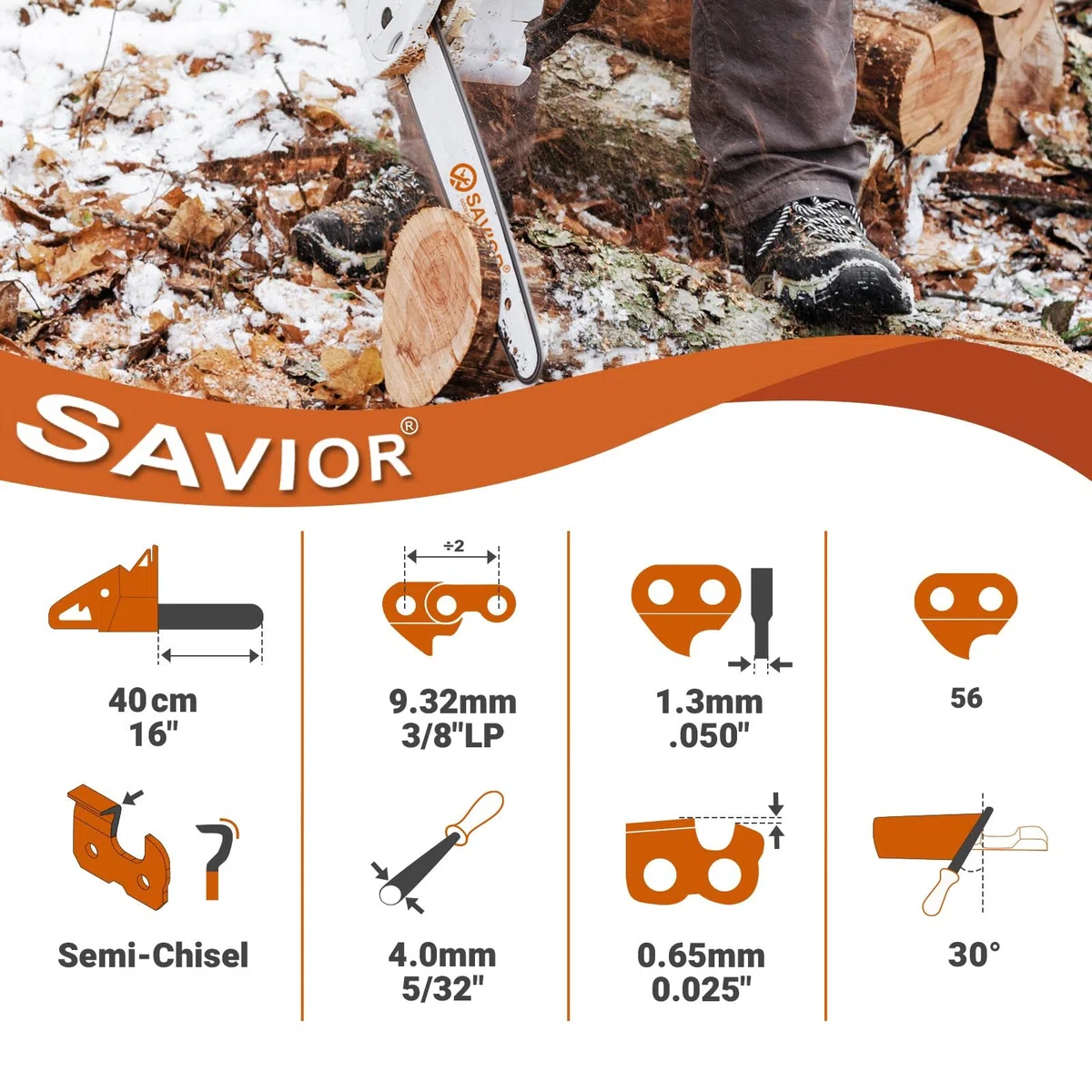 SAVIOR 3 sztuki łańcuchów do piły 40 cm LP 1,3 mm 56 TG, łańcuch kompatybilny z Oregon, Makita, Einhell, Dolmar, Husqvarna i innymi