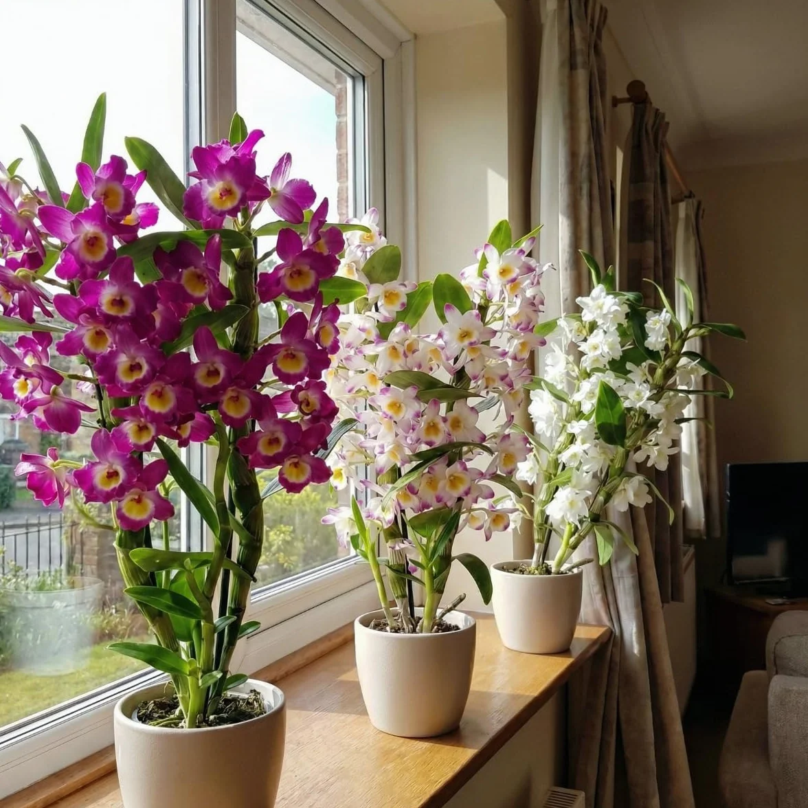 Kolekcja trzech prawdziwych storczyków Dendrobium Nobile o wysokości 30-40 cm, kwitnących i pachnących uprawianych w Holandii (bez sztucznych orchidei, bez nawozów i doniczek, bez nasion)
