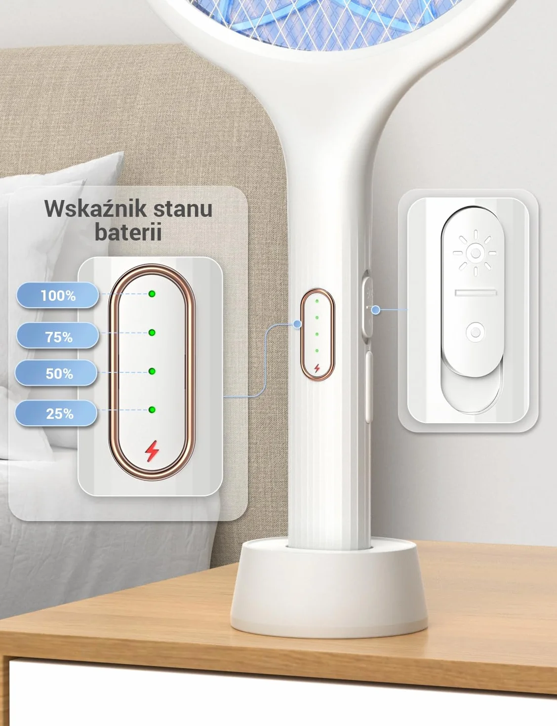 YISSVIC Elektryczna łapka na komary Extra Strong 4000 V 2 w 1 USB C z akumulatorem Akumulatorowa ze stabilną podstawą pułapką na światło UV Przeciw komarom Muchom Biały