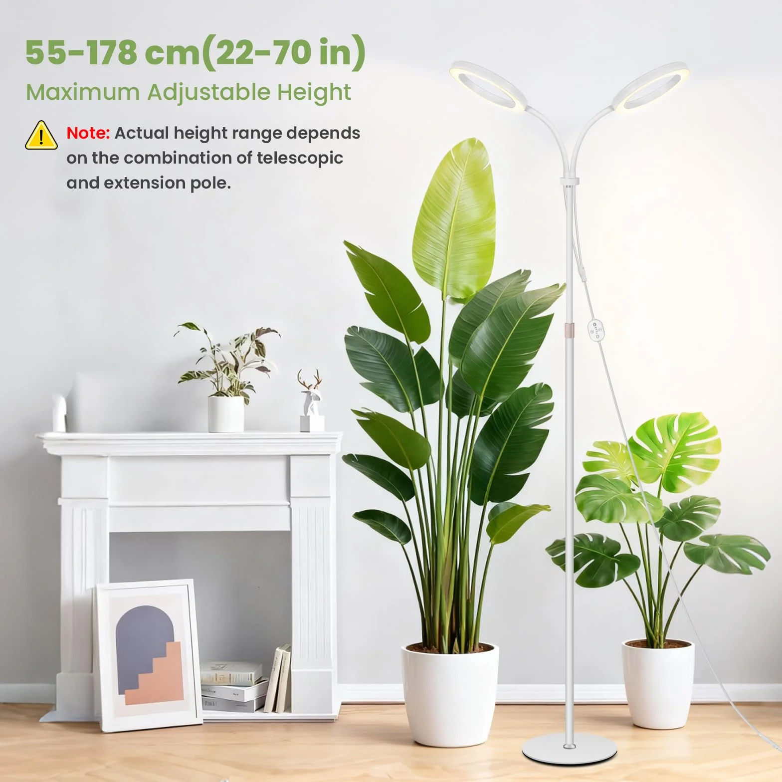 Duża 24V lampa do roślin do uprawy w pomieszczeniach, pełne spektrum z 660 nm, LED LUMILEDS, 2×16 cm lampy z timerem i ściemnianiem, wysokość 56–178 cm, podstawa 22 cm, 30 W, 320 µmol/m²/s @15 cm