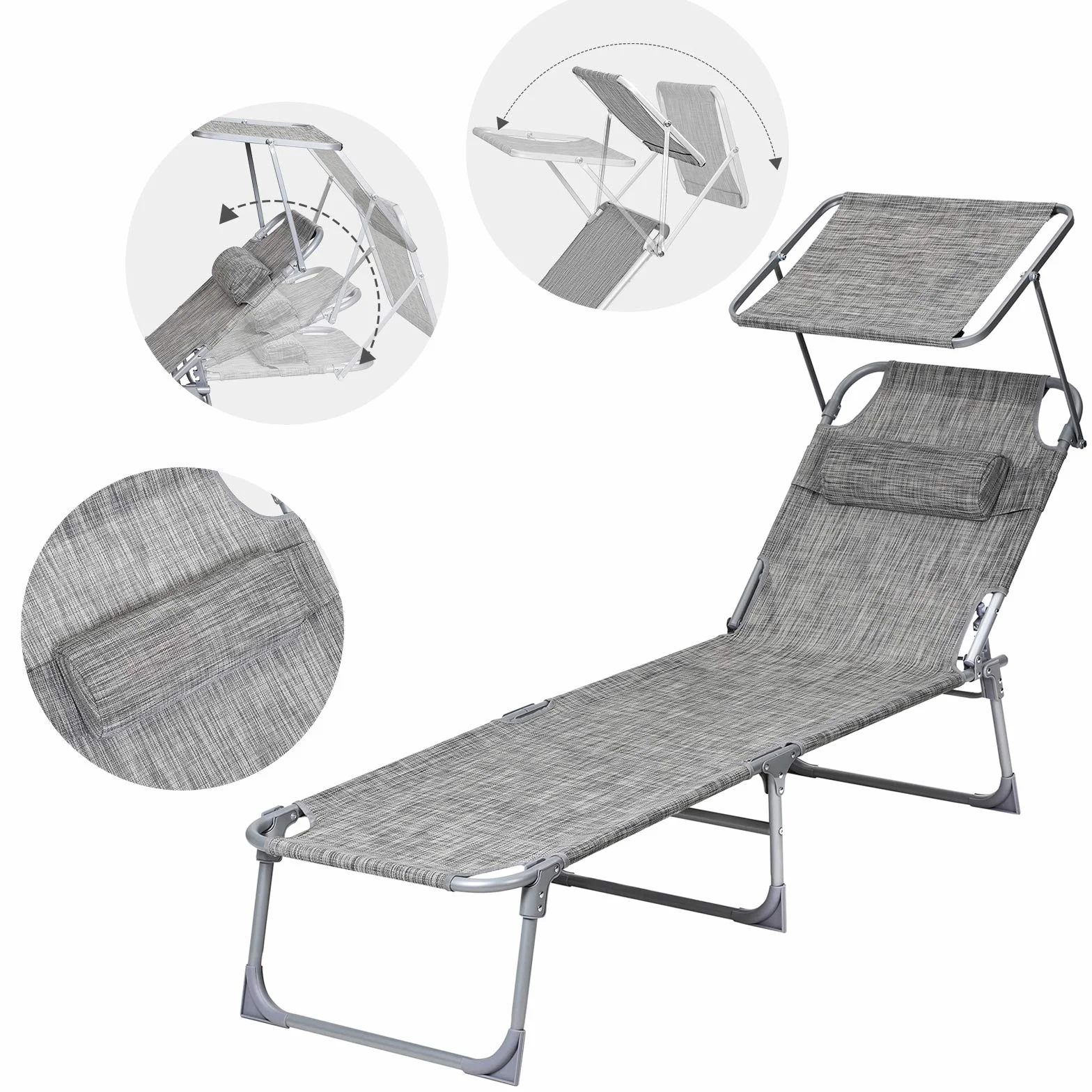 SONGMICS GCB19T składany leżak plażowy 53x193x29 cm obciążenie 150 kg ochrona przed słońcem szary melanż