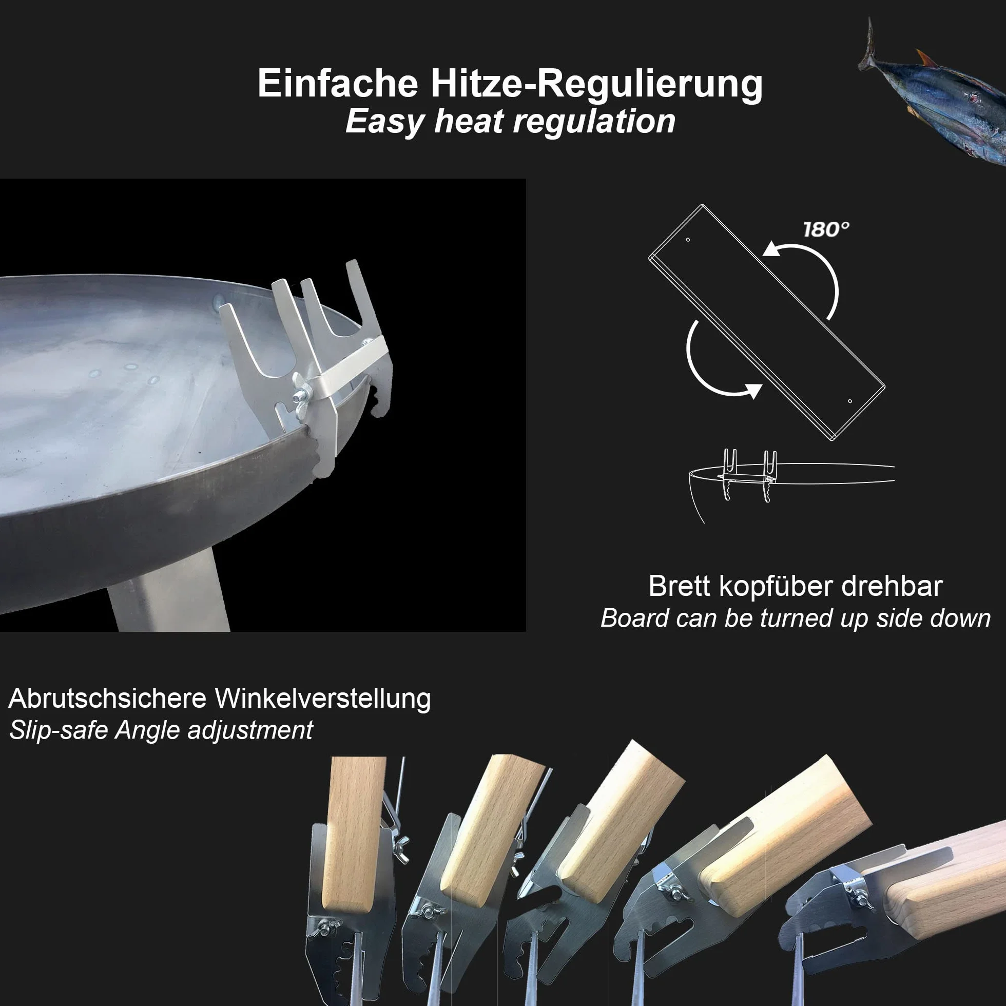 BargenBasics Großes Premium Flammlachsbrett mit Stabiler Edelstahl-Halterung - Grillzubehör für Feuerschalen und Kugelgrill
