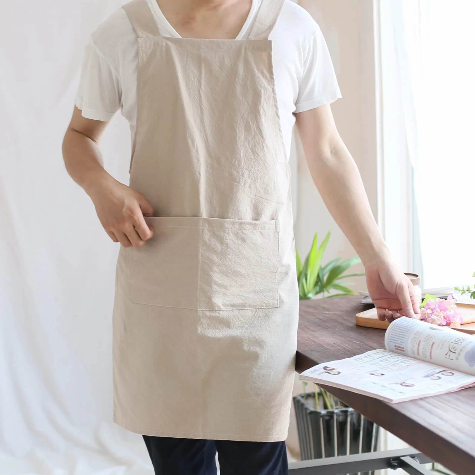 Fartuch z Kieszenią Bawełny Lnu Japoński styl Cross Bandage Halter Apron Kucharz Kuchnia Gotowanie Odzież Mężczyźni Kobiety Bib Prezent, Khaki