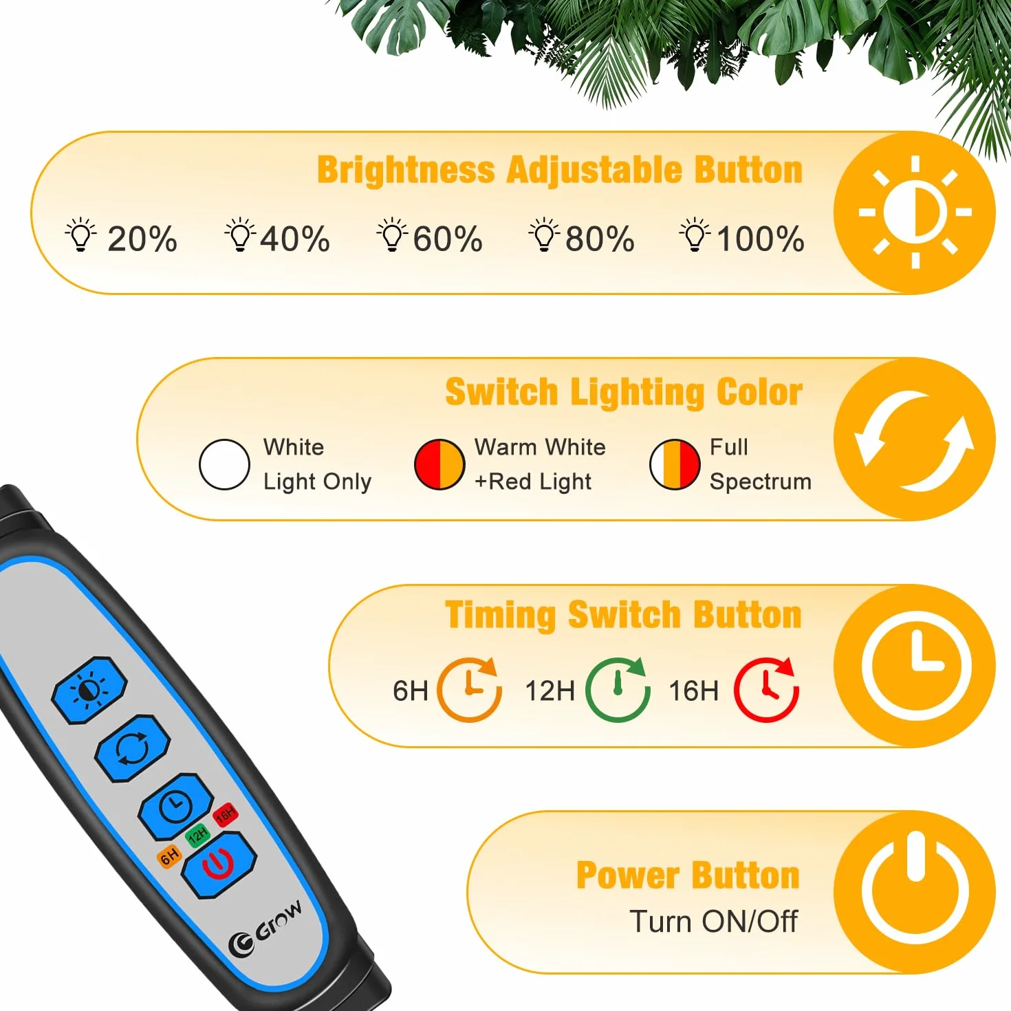 Wolezek Lampa LED do uprawy roślin, pełne spektrum, 5 głowic, 100 diod LED, lampa do uprawy roślin z timerem 6/12/16H, 3 tryby kolorów i 5 stopni ściemniania, lampa do uprawy roślin pokojowych