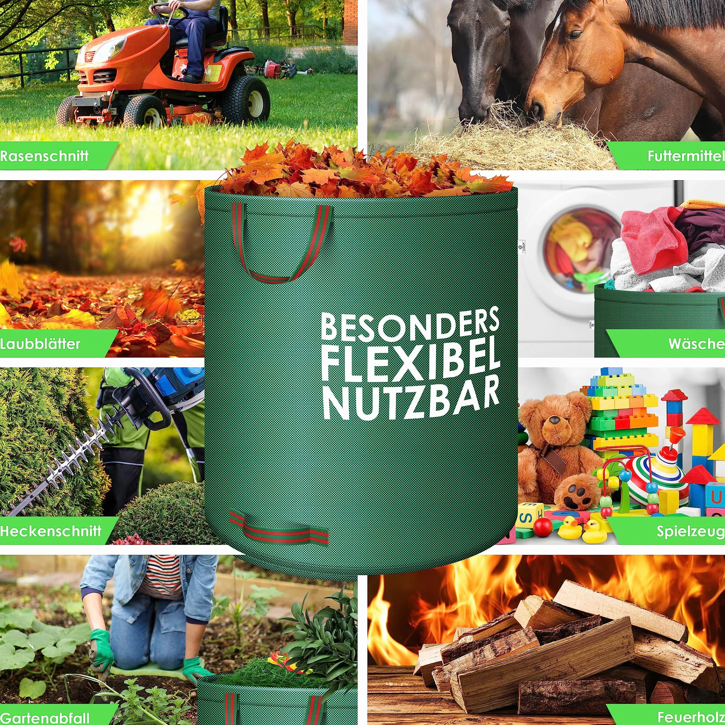 KESSER® Worek ogrodowy, 6 x 500 l, worek na odpady ogrodowe, worek na odpady ogrodowe, w zestawie z rękawicami – wolnostojący, 4 uchwyty, stabilny, wytrzymały i składany – worki na liście do cięcia