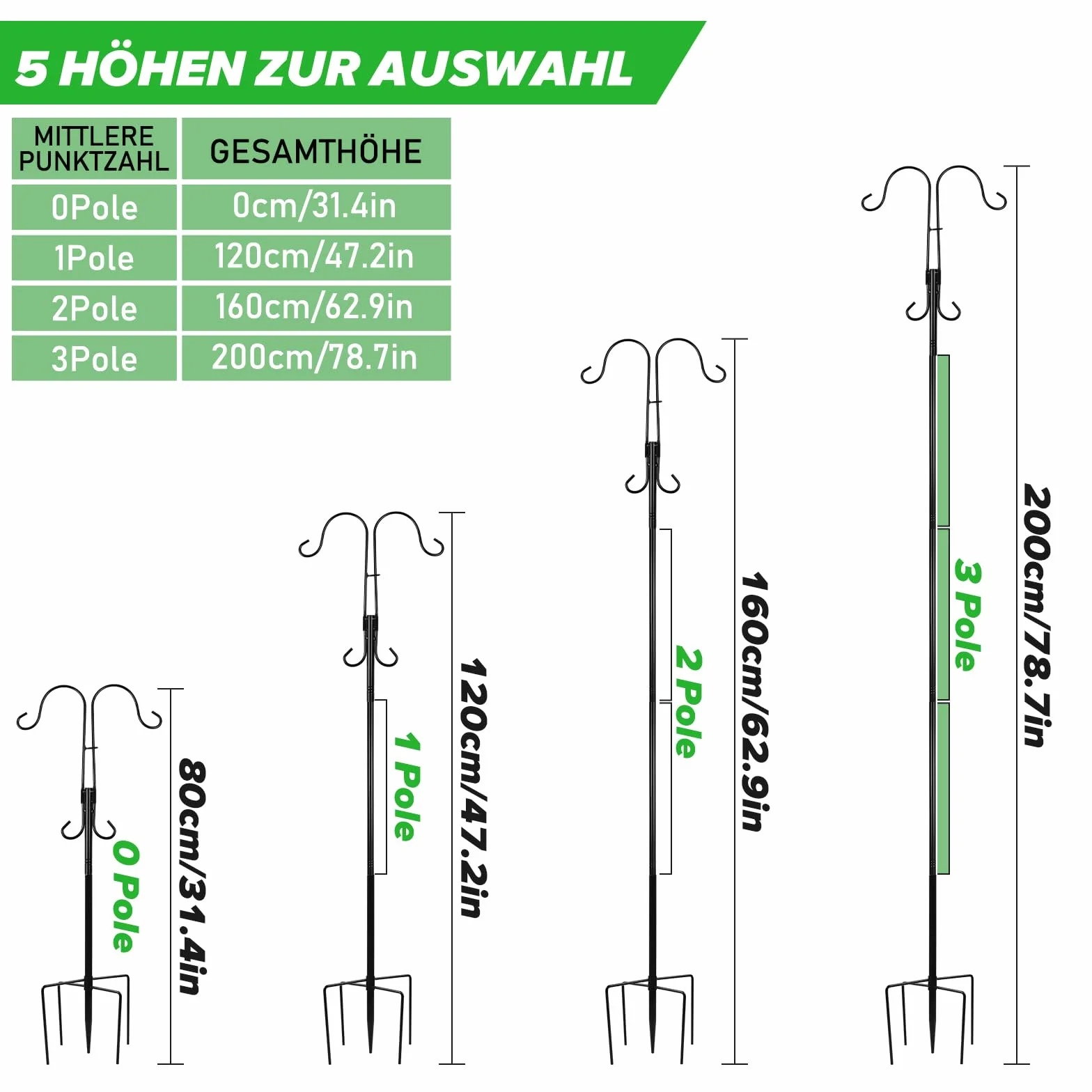 MaxAwe Garden podwójny hak pasterski, 200 cm, odporny na rdzę, metalowy hak ogrodowy, podwójny hak pasterski z 5 ząbkami, wytrzymały hak pasterski do lamp solarnych, wieszaków na ubrania, latarni,