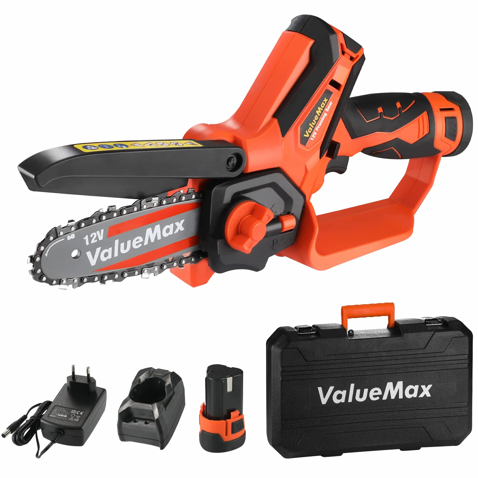 ValueMax Mini pilarka akumulatorowa 4 cale, przenośna bezprzewodowa elektryczna piła łańcuchowa 12 V i 2 x 2000 mAh baterie do cięcia drewna, gałęzi drzew, przycinania ogrodu