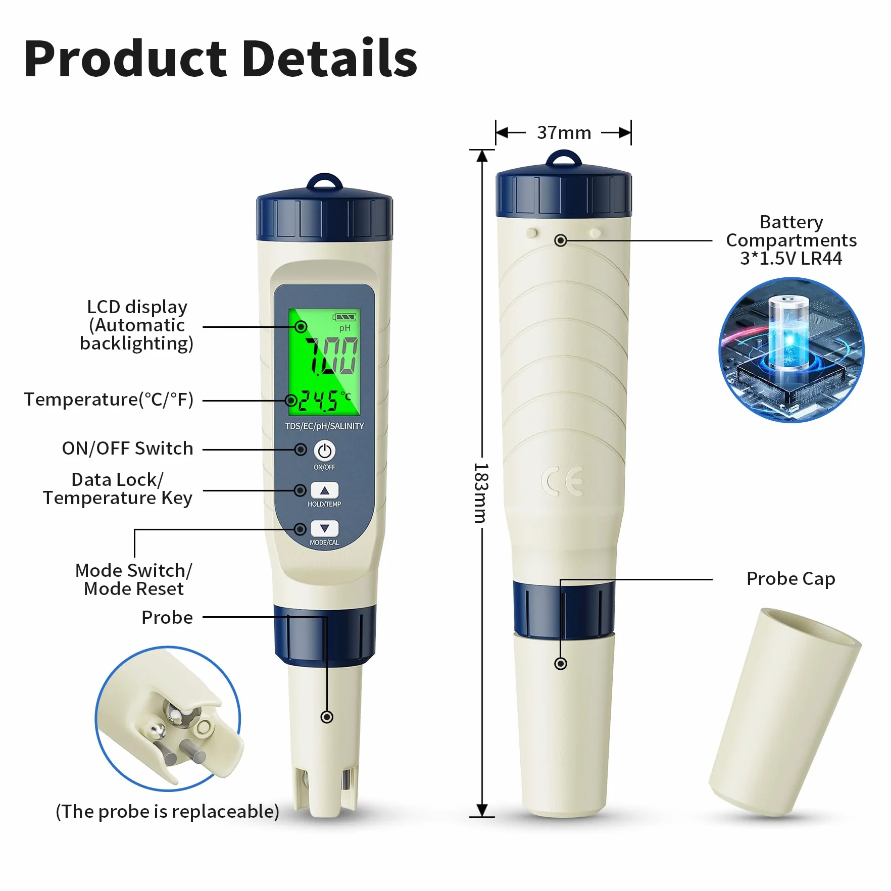 5 w 1 tester jakości wody do basenu, tester pH z wyświetlaczem cyfrowym, tester TDS/EC/zawartości soli/temperatury/pH, do wody pitnej, basenów, akwariów, upraw hydroponicznych