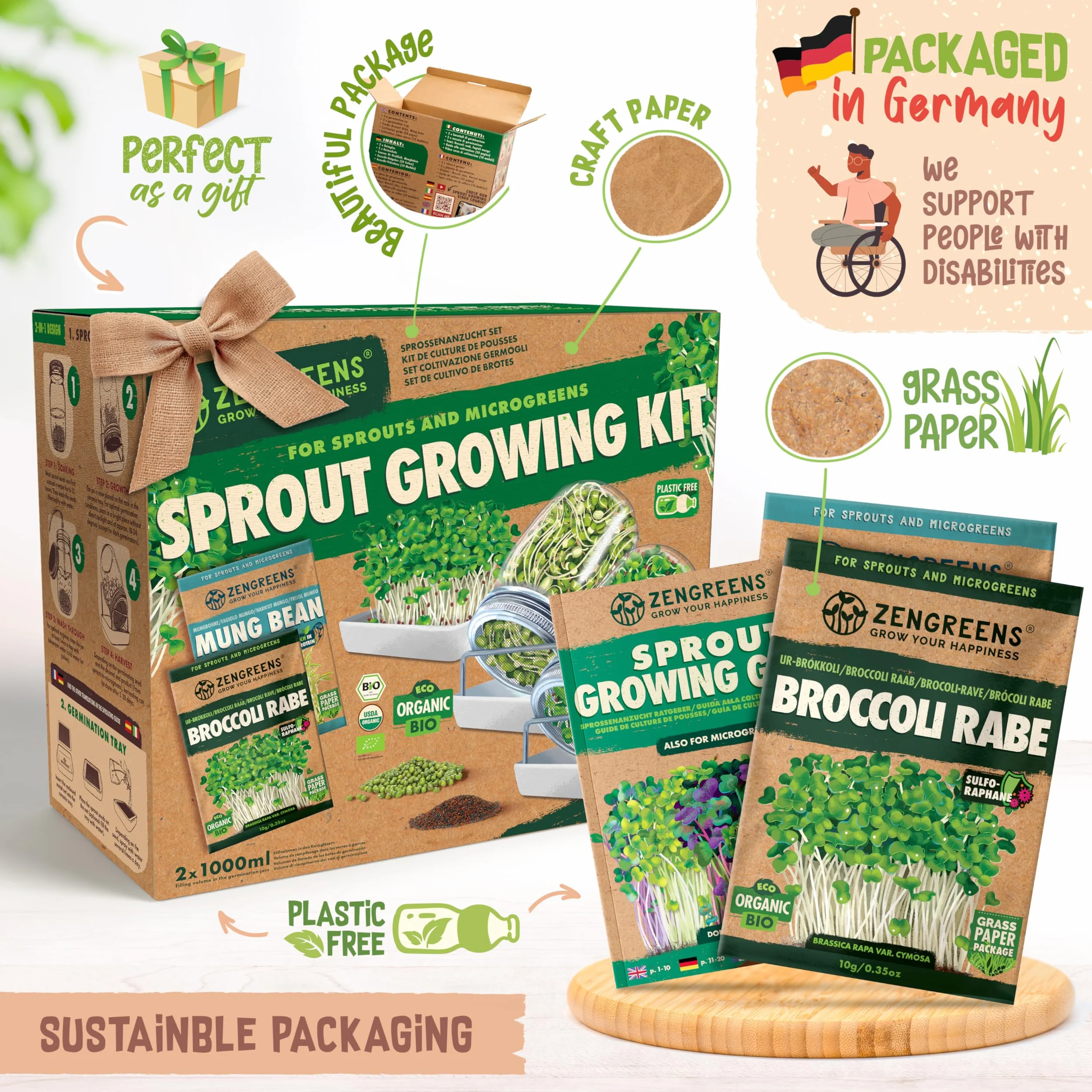 ZenGreens® Eko zestaw do uprawy kiełków – Słoik do kiełkowania, zestaw 1, 2 lub 3 szt. – Zawiera słoik, tackę do uprawy i nasiona na kiełki – w zestawie poradnik oraz kurs wideo online