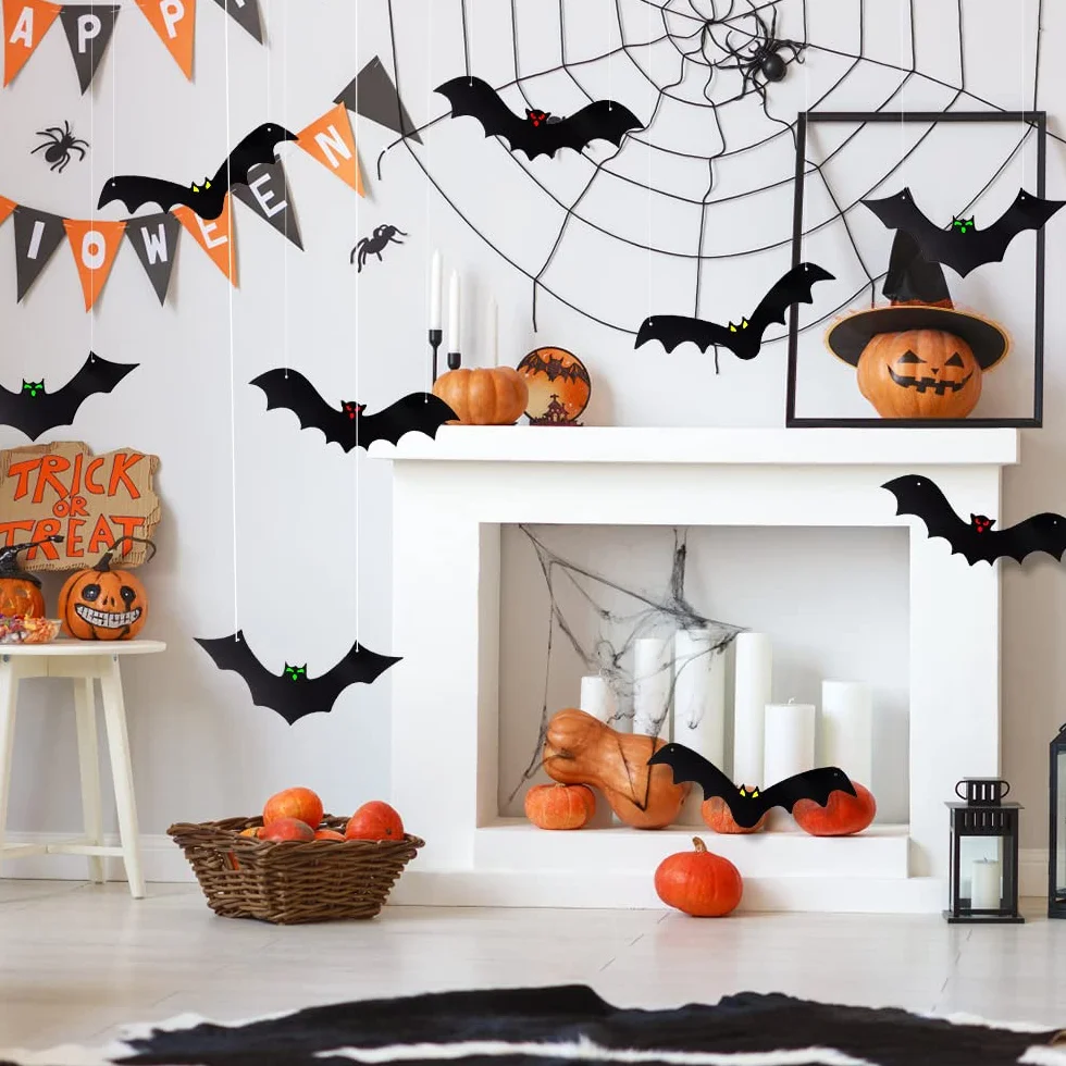 DTYDECLE 12 szt. wiszących nietoperzy na Halloween, latający nietoperz, wiszące dekoracje ze świecącymi oczami na Halloween, dekoracja na zewnątrz, podwórko, artykuły dekoracyjne