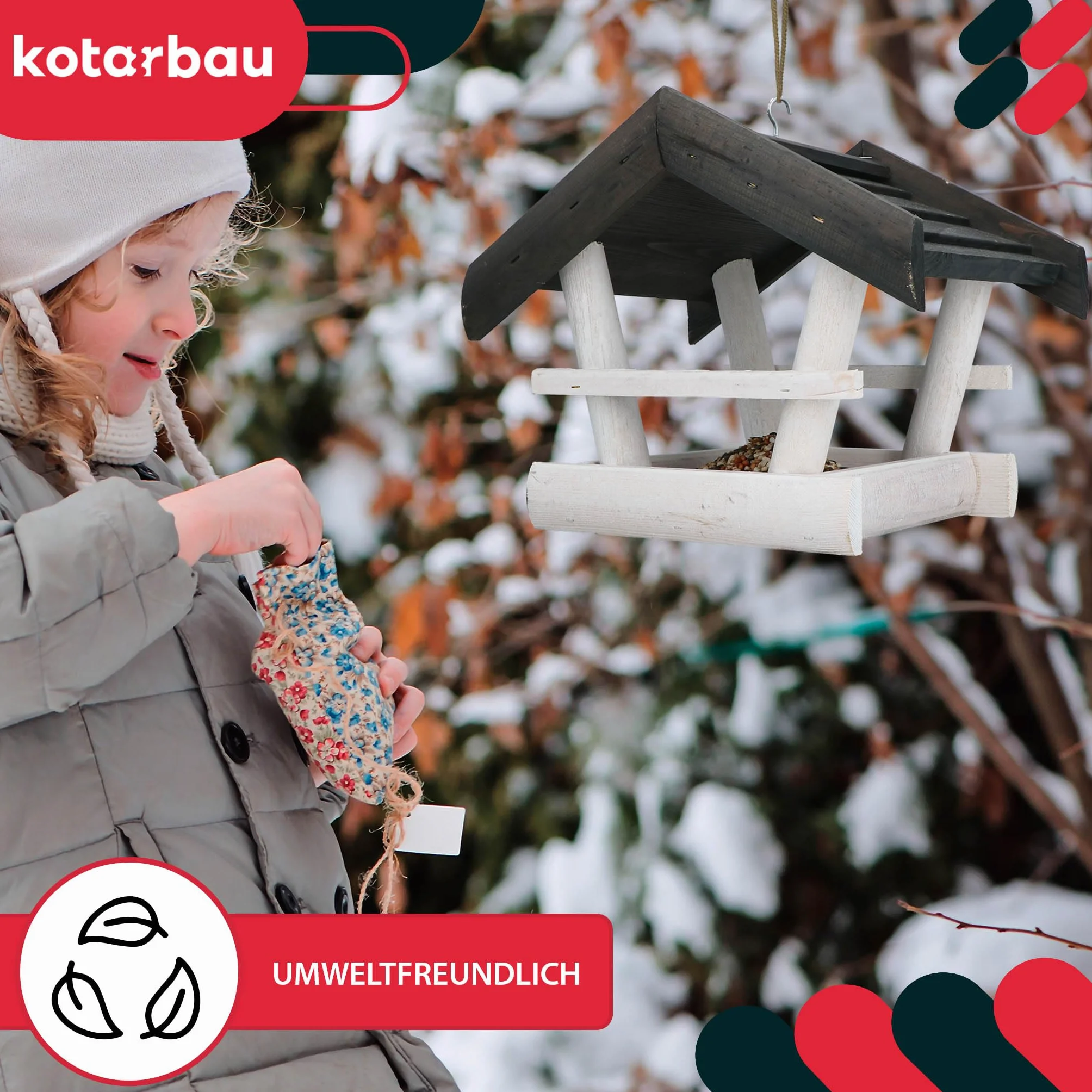 KOTARBAU® Karmnik dla Ptaków Drewniany z Daszkiem Biały Antracyt + Karma 0,5 kg