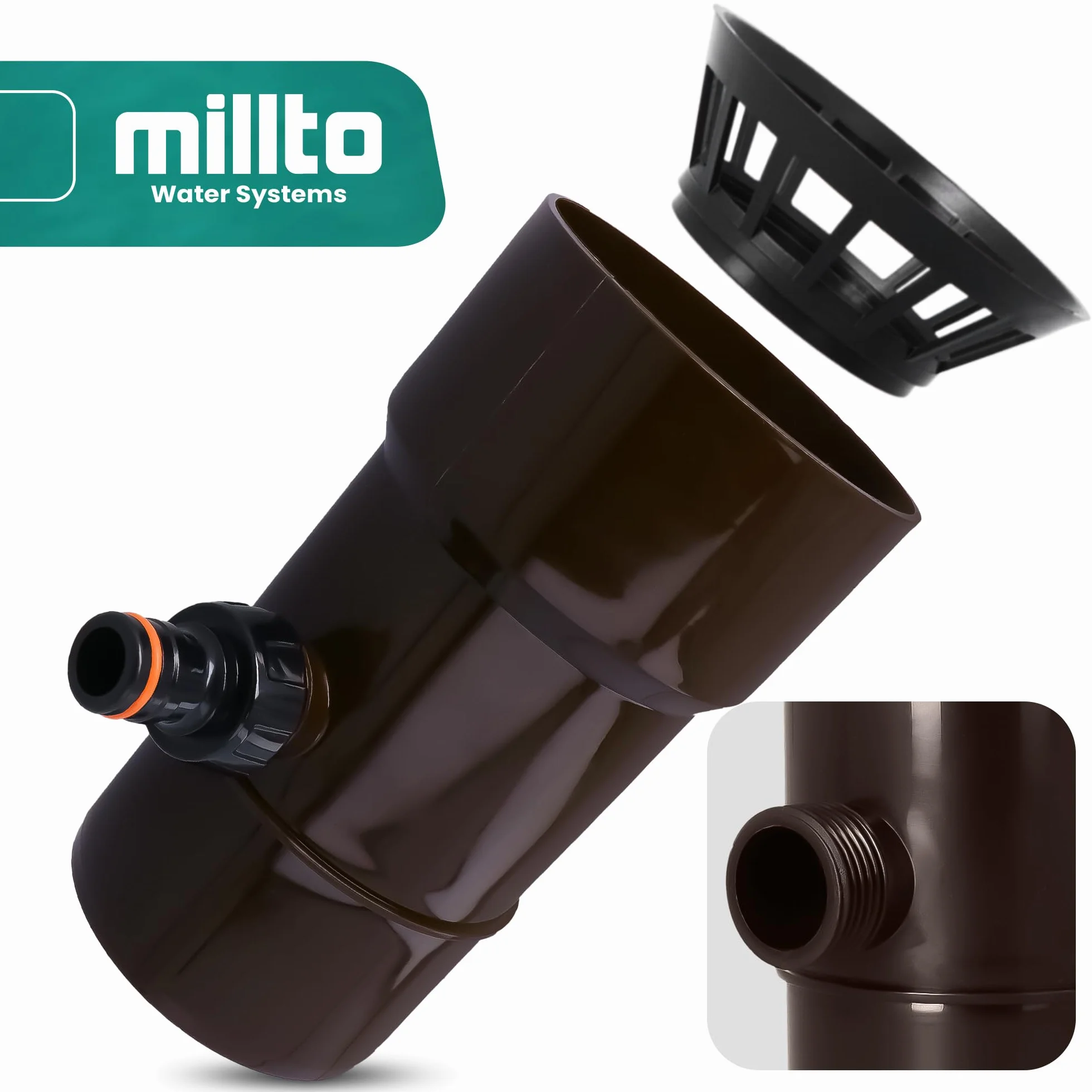 Millto™ Odpływ Rynny Dachowej Zbiornika na Deszczówkę DN Ø 110 mm Brązowy | Łapacz Wody Deszczowej Odzyskiwacz Zbieracz Deszczu Kolektor Deszczówki Przyłącze pod Szybkozłączkę 1 PowerJet