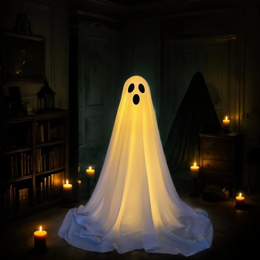 dekoracja na Halloween, stojący duch ze światłami, 165 cm, podświetlane, białe duchy dla podwórek, werandy, trawników, domów, imprez, Spooky Ghosts
