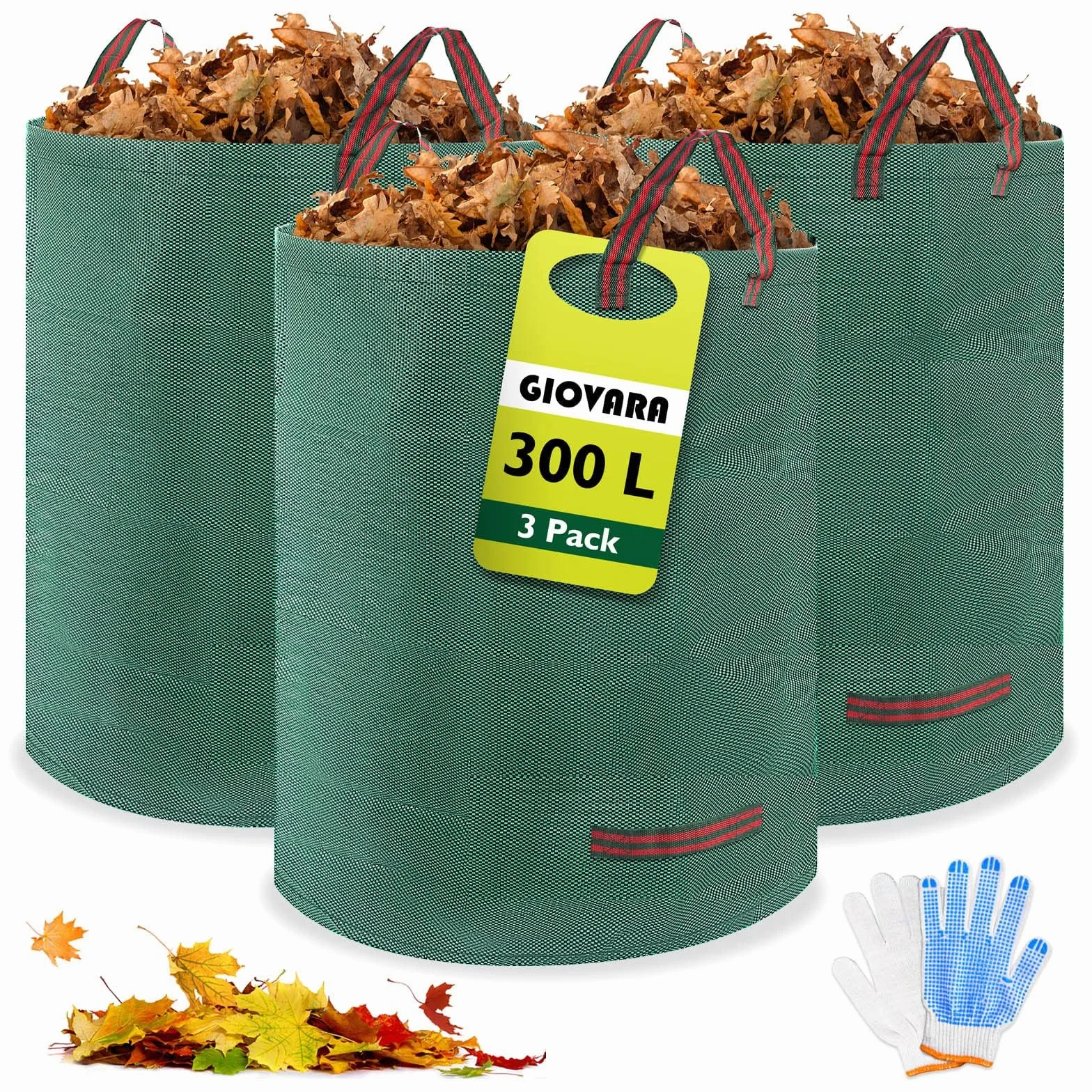 Worki na odpady ogrodowe 300L, 3-pak ciężkich worków ogrodowych, wodoodporne, ciężkie, duże, wielokrotnego użytku, worki na odpady ogrodowe z mocnymi uchwytami, trwałe worki na liście i trawę