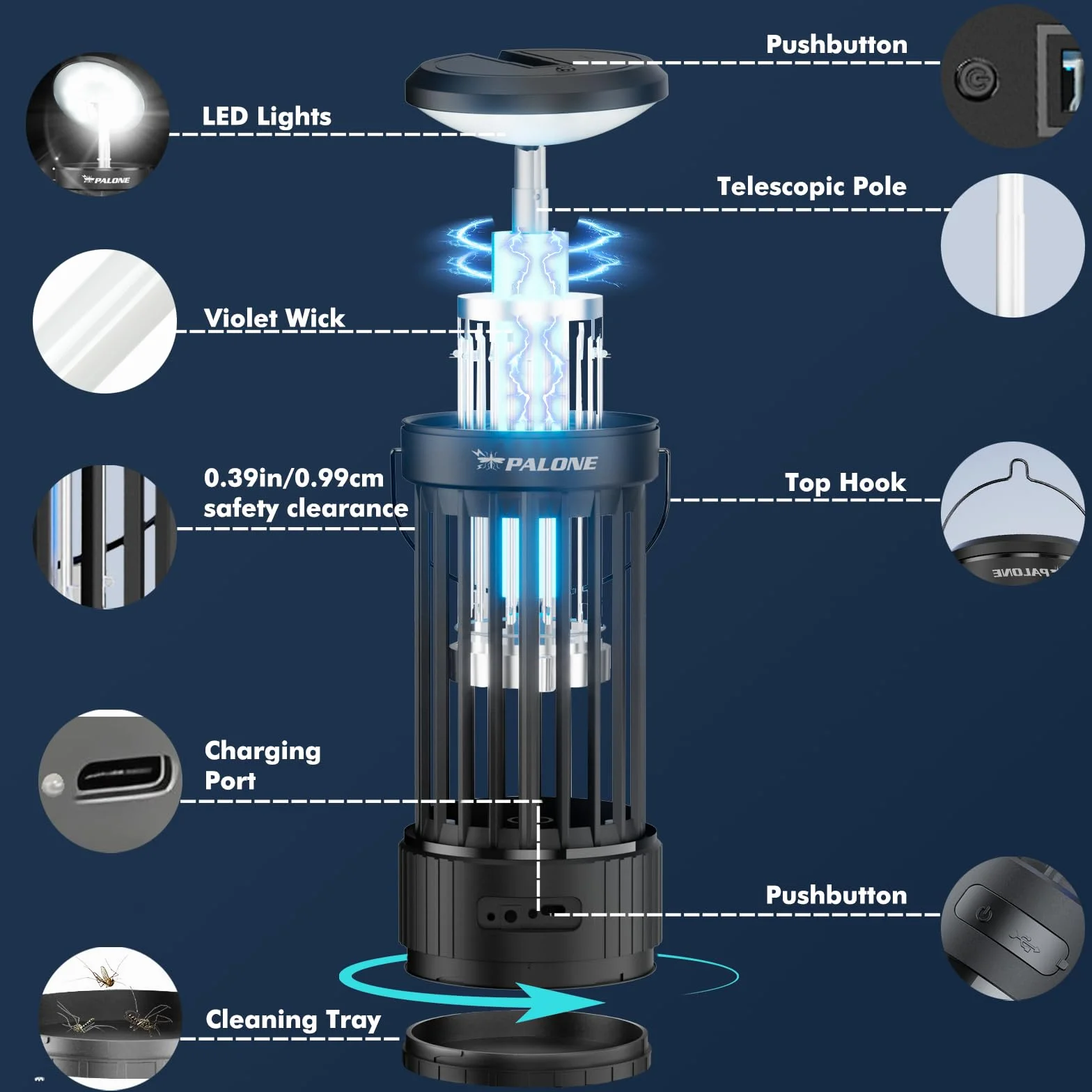 PALONE Przenośna lampa na komary z regulacją wysokości, USB-C 4000mAh - UV + LED do kuchni/balkonu/campingu