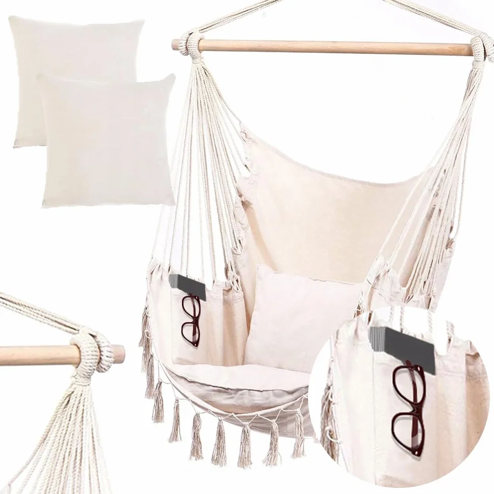 BOHO Podwieszany Fotel Brazylijski Hamak Huśtawka z Frędzlami Drewniany Drążek 85cm Udźwig 130kg Bawełna Kremowy 100x130cm