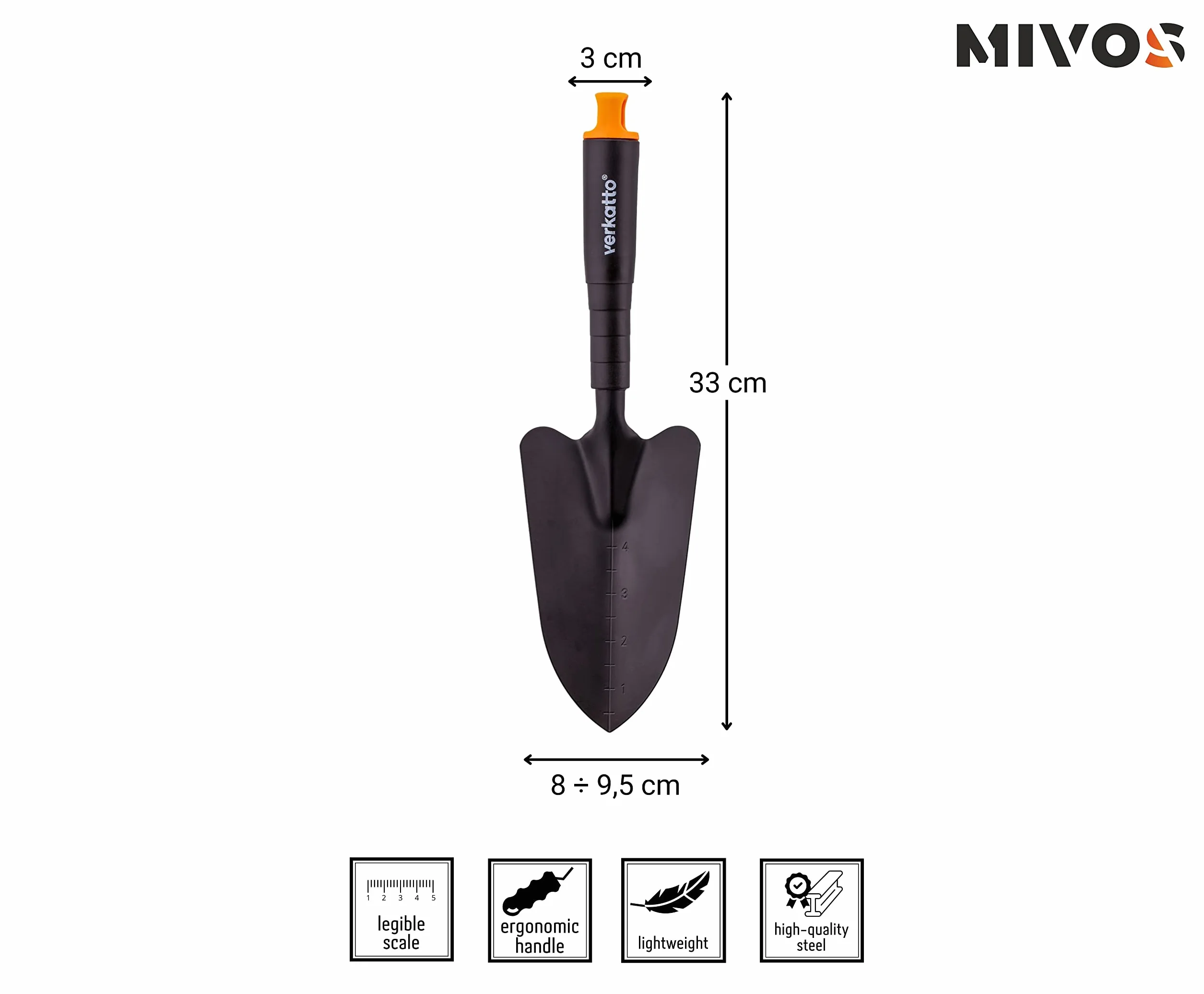 Mivos Zestaw Małych Narzędzi Ogrodniczych ze Stali, 3 elementy/Motyka z Kolcami, Łopatka, Grabki/Komplet 3 narzędzi dla Ogrodnika, Dziecka/Do Pielęgnacji Ogrodu