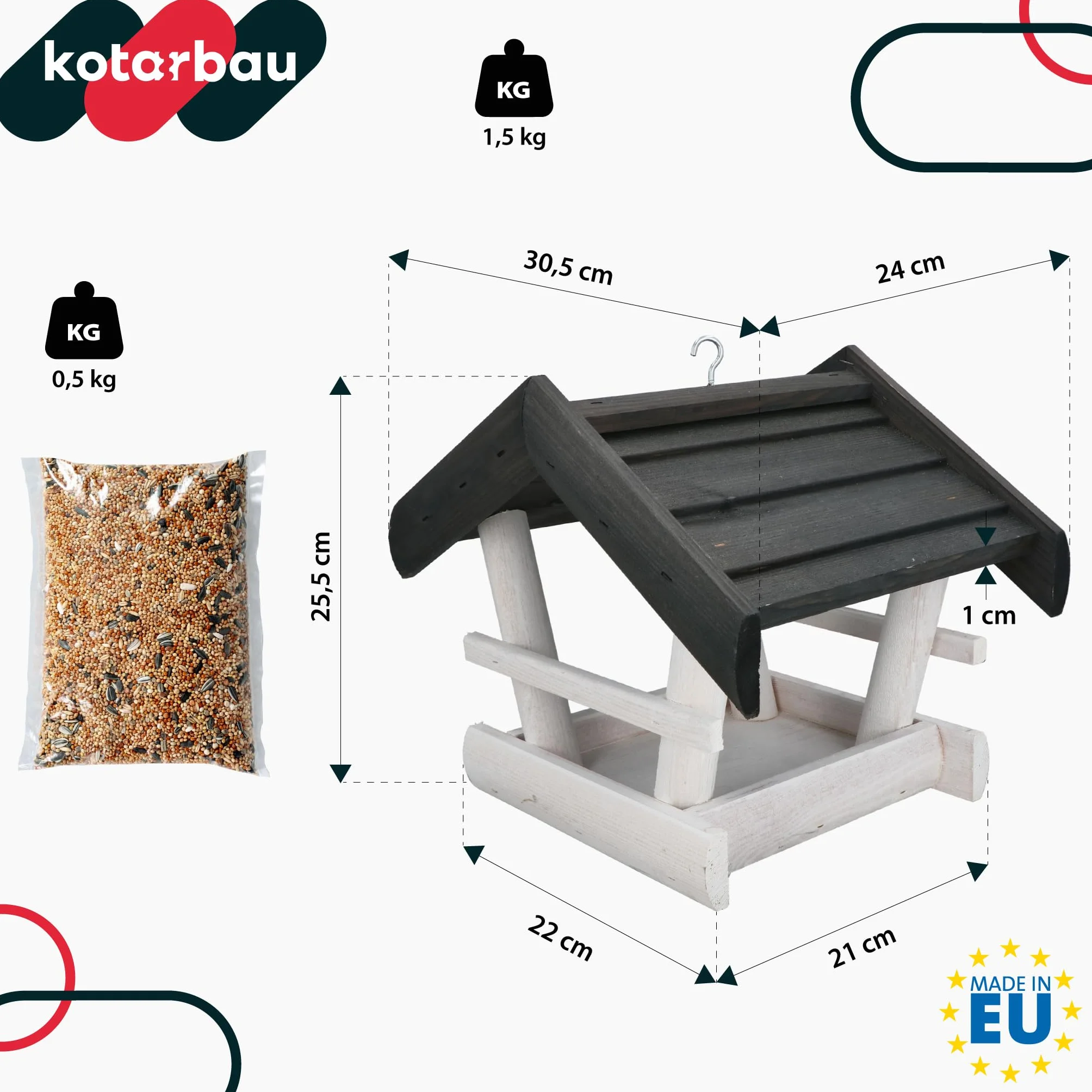 KOTARBAU® Karmnik dla Ptaków Drewniany z Daszkiem Biały Antracyt + Karma 0,5 kg