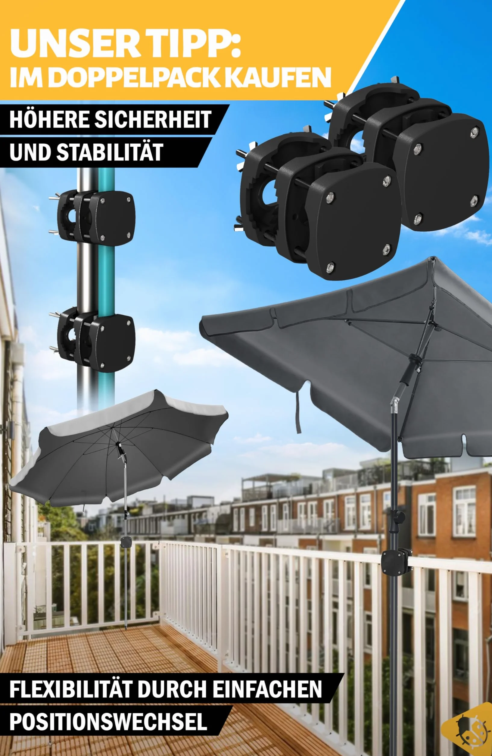 Menz SunnyBoy uchwyt na parasol przeciwsłoneczny, elastyczny w użyciu, kompaktowy uchwyt na parasol przeciwsłoneczny na balkon – uchwyt na balustradę balkonową zastępuje stojak na parasol balkonowy