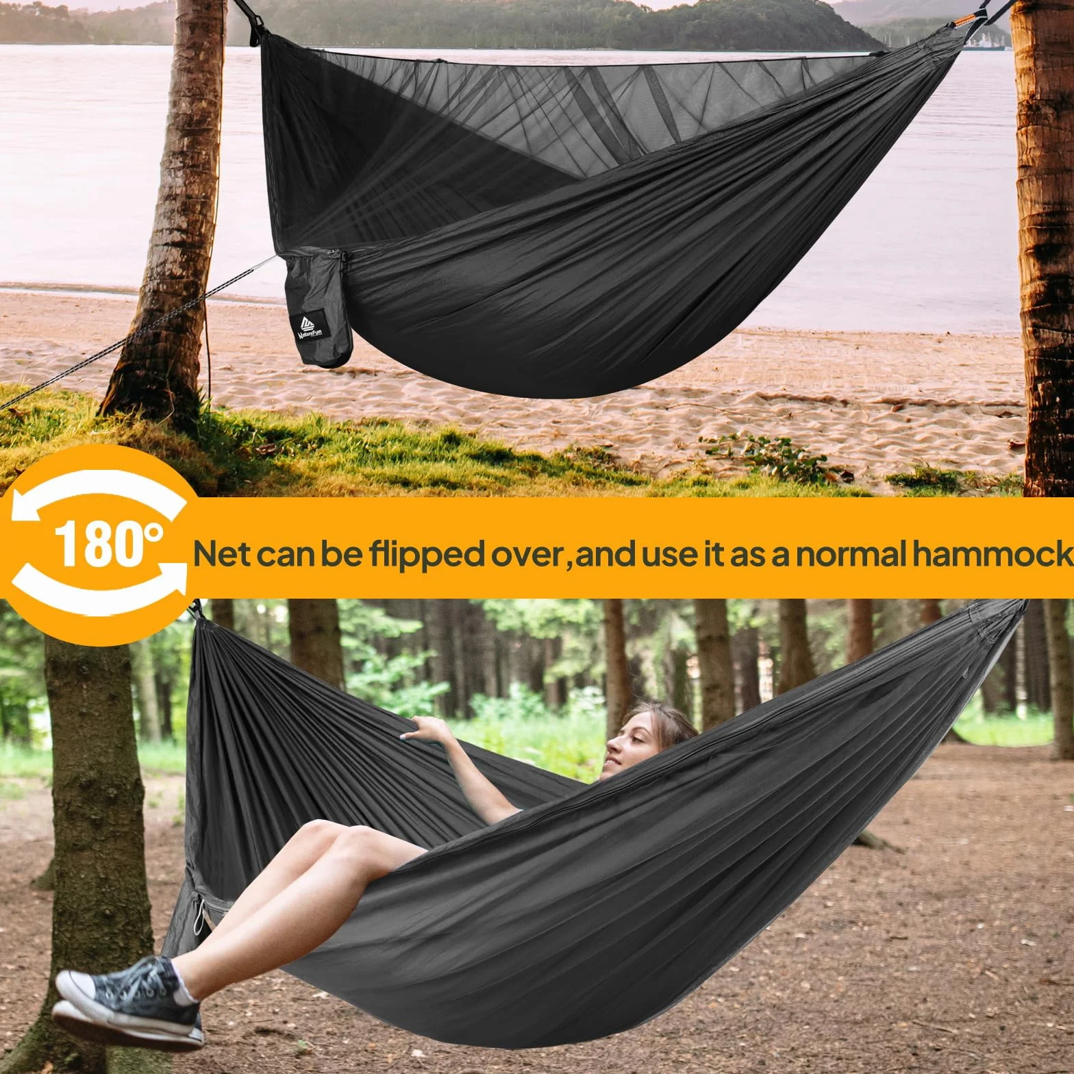 NatureFun Hamak kempingowy z moskitierą, nośność: 300 kg, oddychający, szybkoschnący nylon spadochronowy, kompletne akcesoria, łatwy montaż, hamak podróżny do użytku na zewnątrz (290 x 140 cm)