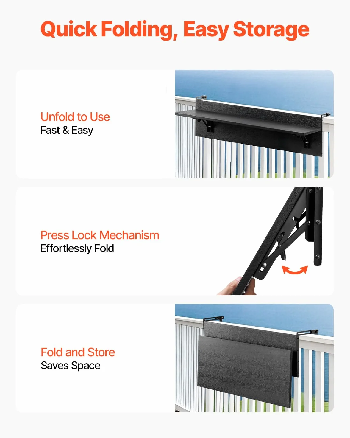 VEVOR Wiszący stół balkonowy, 30 x 81 cm, składany stół balkonowy, obciążenie 22,7 kg, pasuje do balustrady od 2,5 cm do 15 cm, do serwowania na patio i taras
