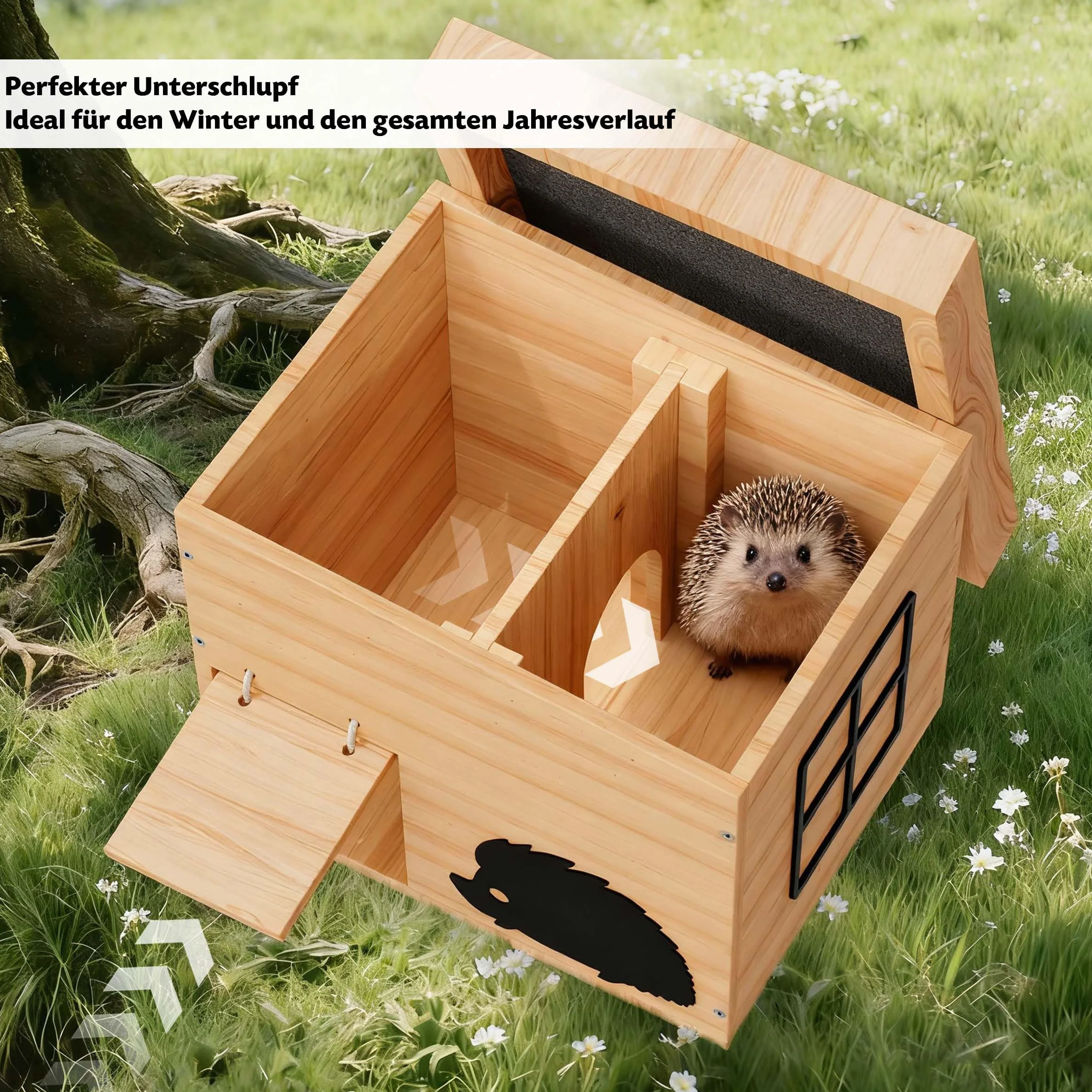 Mihoho Domek dla jeży, z drewna, domek dla jeży, z podłożem, odporny na działanie warunków atmosferycznych, domek zimowy dla jeży, sypialni, ogrodu, zestaw montażowy (buk)