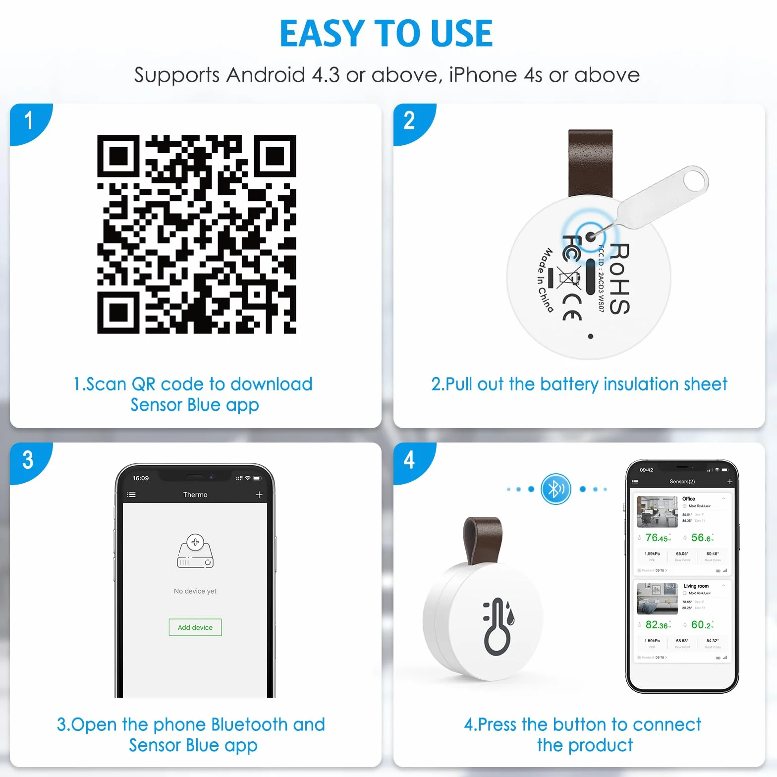 Brifit Termometr Bluetooth, higrometr, bezprzewodowy czujnik temperatury z aplikacją Smart Sensor, mini termometr wewnętrzny z zapisem danych do pokoju dziecięcego, szklarni, garażu, biura