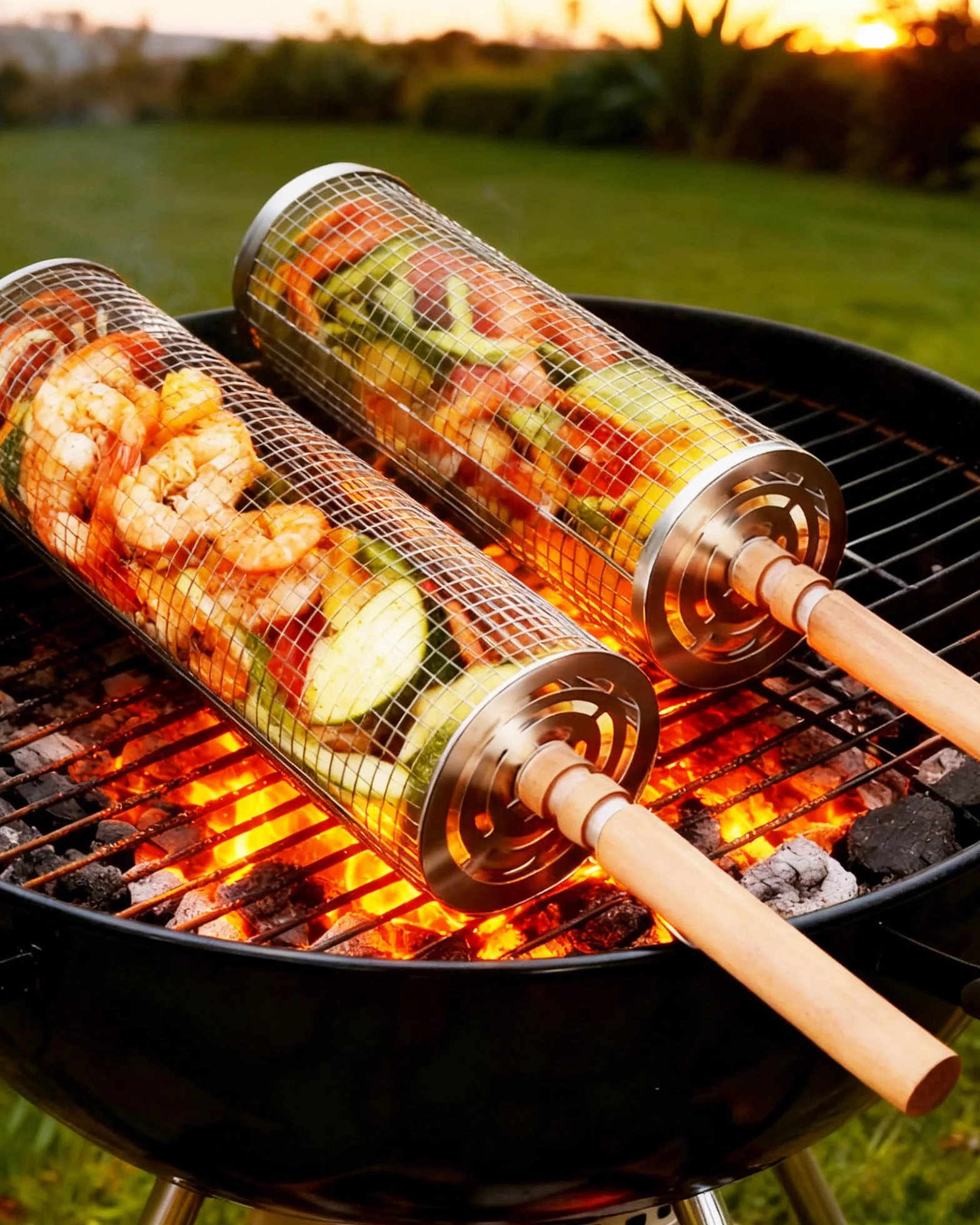 2-szt Rolling Grilling Kosz z drewnianym uchwytem a30×10cm mih29×9cm Nesting Rolling Grilling Kosz Zestaw do grillowania zewnętrznego