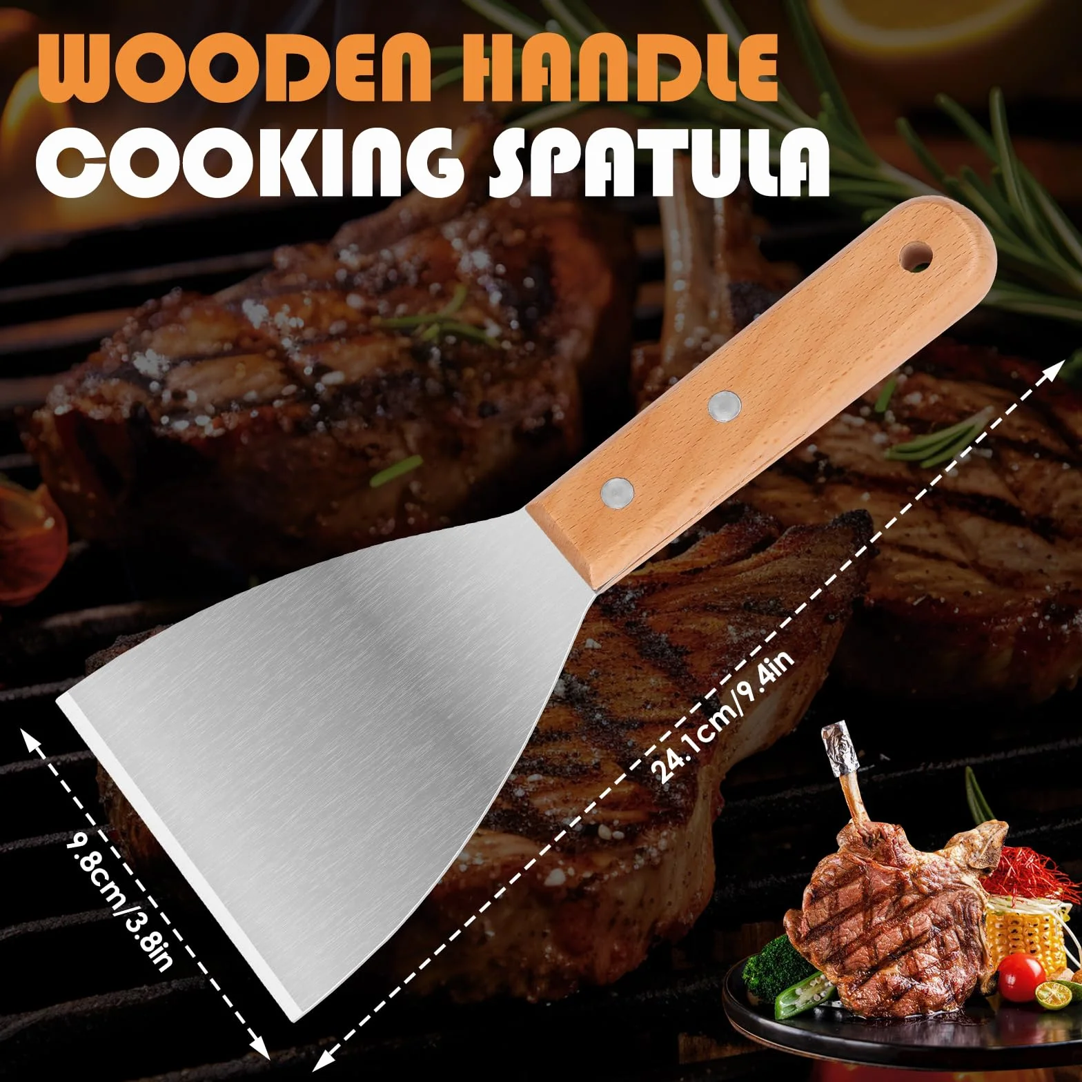 2 szt. szpatułka do grilla ze stali nierdzewnej szpatułka szpatułka kuchenna z drewnianymi uchwytami do prasy do hamburgerów, teppanyaki, grilla, steku, pizzy