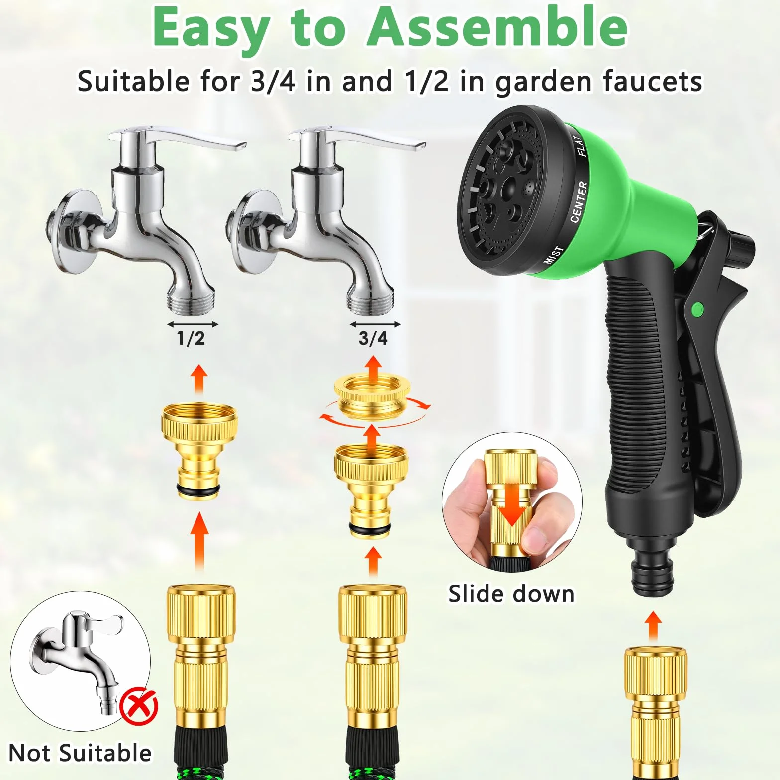 Elastyczny wąż ogrodowy 30 m z pistoletem 8-funkcyjnym, rozciągliwy wąż do podlewania, lekki, odporny na zginanie, zestaw z szybkozłączkami 1/2" i 3/4" (Zielony)