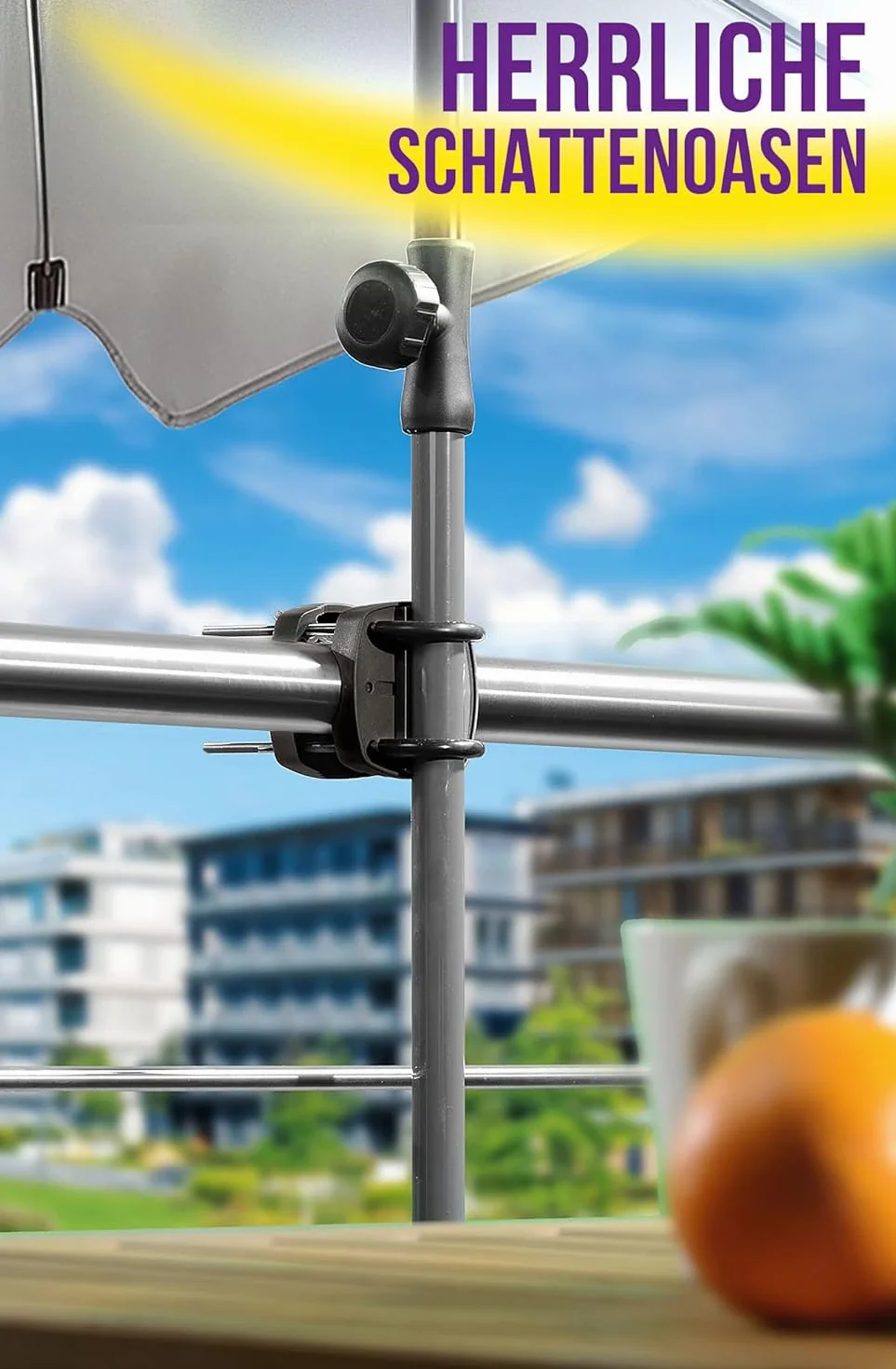 Uchwyt na parasol przeciwsłoneczny na balustradę balkonową – kompaktowy uchwyt na parasol balkonowy zastępuje nieporęczny stojak na parasole balkonowe do wszystkich parasoli, kolor czarny