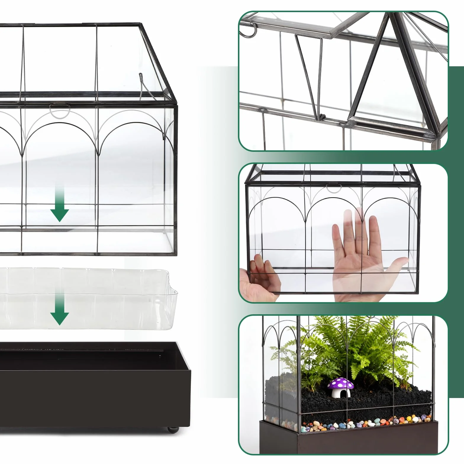 EFUTURETIME Mini szklarnia, parapet okienny, szklany z tacką na ścinki, 24,2 x 14,7 x 29 cm, terrarium dla roślin, mały ogród w butelkach, "zrób to sam" (nie zawiera roślin), dekoracja na sukulenty
