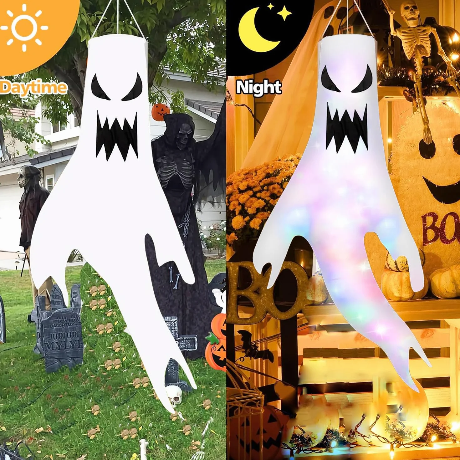 Ghost Windsocks - 2 szt. halloweenowe dekoracje ogrodowe ze światłem i kapeluszem czarownicy, wisząca flaga na podwórko do wewnątrz, patio, trawnik, nawiedzony dom, dekoracja na Halloween na zewnątrz