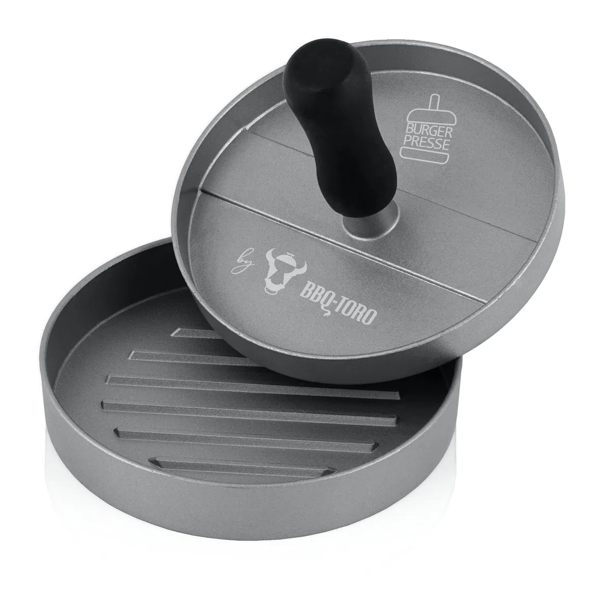 BBQ-Toro Aluminiowa prasa do hamburgerów, Ø 11,8 cm, szara, do mięsa, z powłoką zapobiegającą przywieraniu, do BBQ, grilla i kuchni | prasa do hamburgerów, pattyprasy do burgerów, kotletów