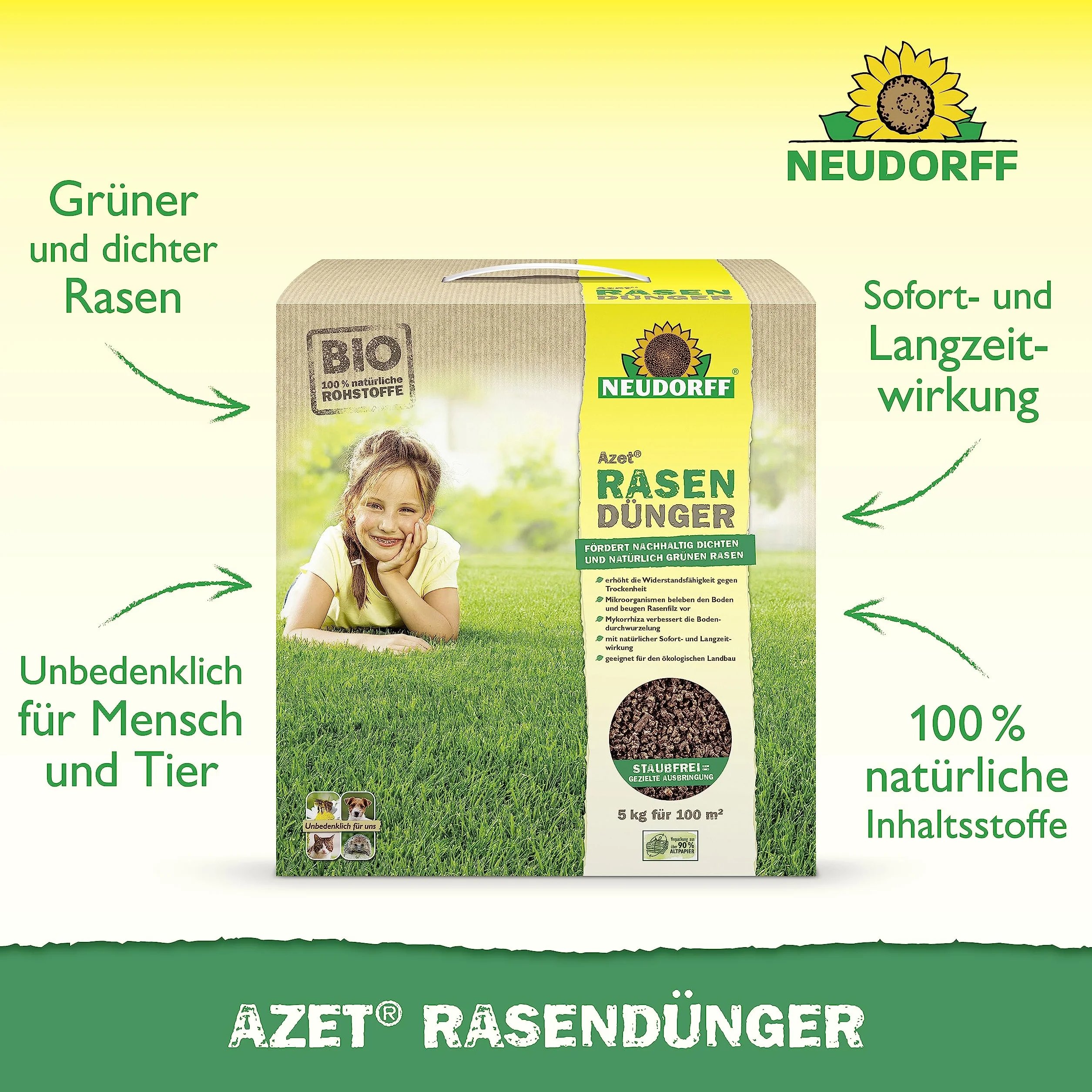 Neudorff Azet Nawóz do trawnika – organiczny nawóz do trawnika na 100 m² zapewnia gęstą, zieloną i wytrzymałą powierzchnię trawnika, 5 kg
