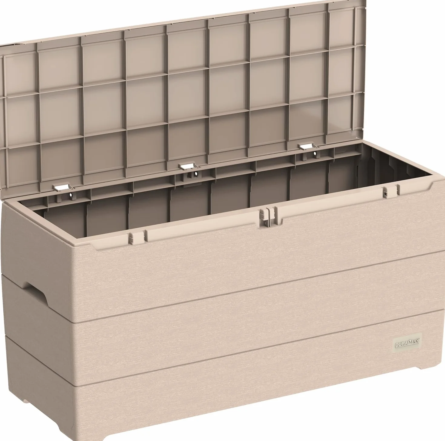 Duramax Cedargrain Durabox plastikowe pudełko do przechowywania, organizer na meble ogrodowe, zamykana pokrywa, plastikowe pudełko na poduszki z kółkami i uchwytami, pudełko na patio, ciepły taupe