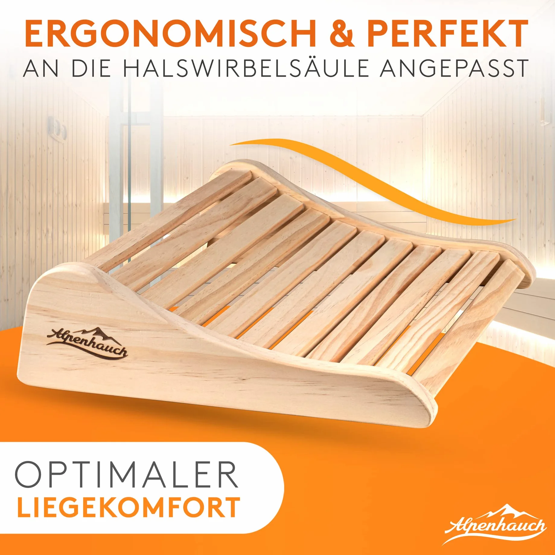 ALPENHAUCH Drewniany zagłówek do sauny [100% naturalne drewno] – ergonomiczny zagłówek do sauny z drewna – szlachetne akcesoria do sauny, kabina na podczerwień – wygodny i szeroki zagłówek do sauny i