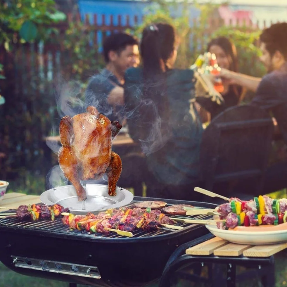 Stojak na Grilla z Kurczakiem, Puszka Piwa ze Stali Nierdzewnej Uchwyt na Kurczaka Pionowe Pieczenie Indyka z patelnią do Grilla Piekarnik Camping