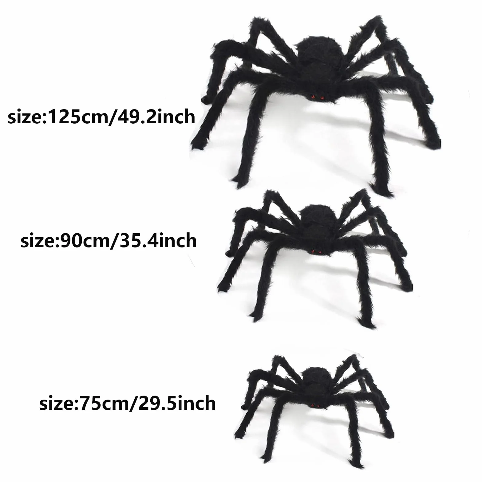 3-częściowy gigantyczny pająk Halloween, zewnętrzna dekoracja Halloween, duży futrzany pająk z czerwonymi oczami, dekoracja domu na zewnątrz (125 cm, 90 cm, 75 cm)