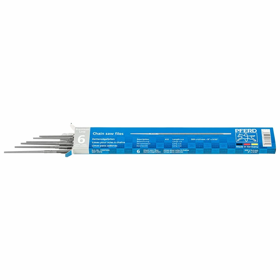 PFERD 11037203 pilniki łańcuchowe, 6 sztuk, okrągłe, 200 mm x 4,0 mm, sitko spiralne, linia Premium – do ręcznego ostrzenia łańcuchów piły, Ø pilników 4,0