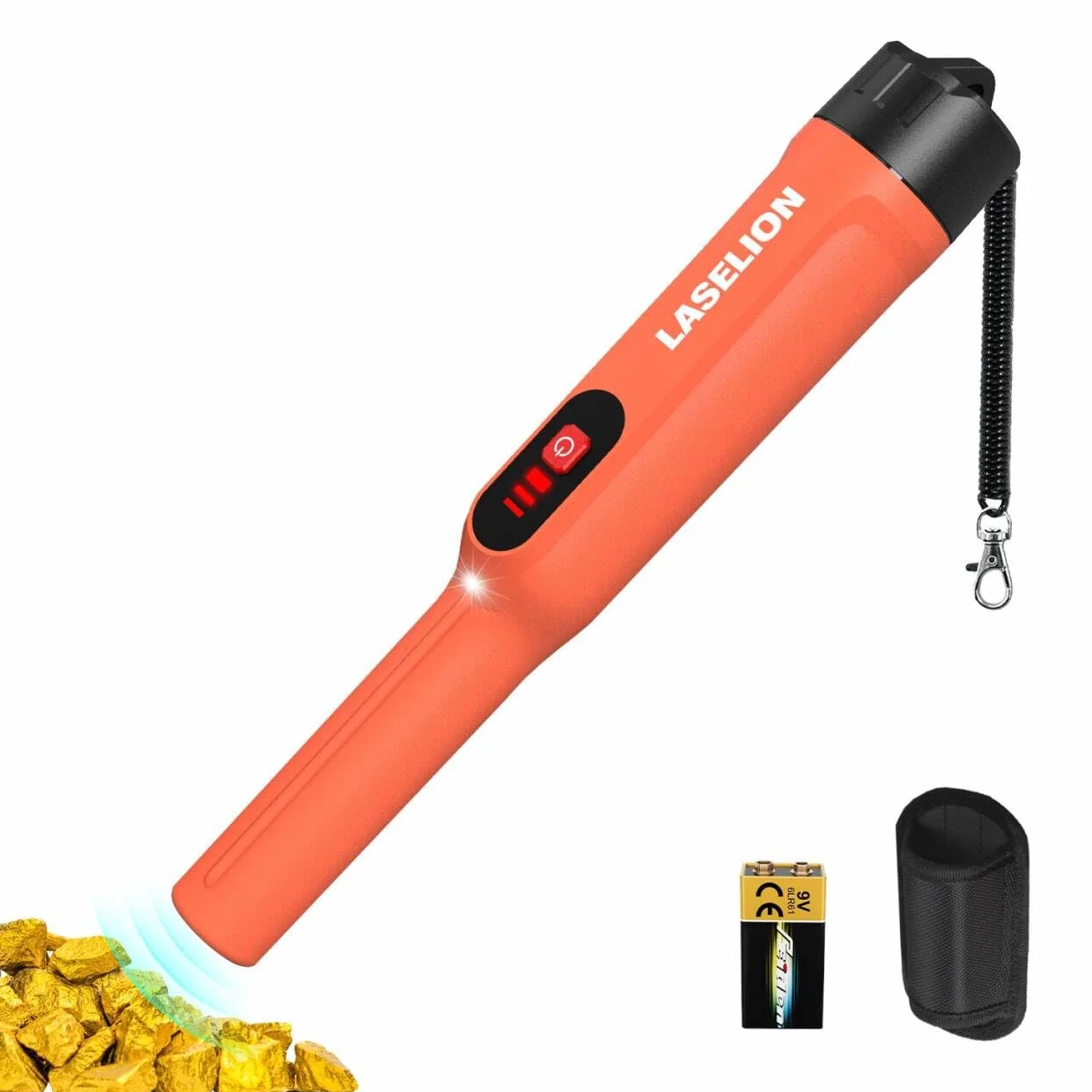 LASELION Pinpointer, profesjonalny wykrywacz metali, IP68, w pełni wodoodporny, wykrywanie 360°, ręczna wskazówka, sonda poszukiwawcza skarbów z baterią 9 V, dla dorosłych, dzieci, pomarańczowa