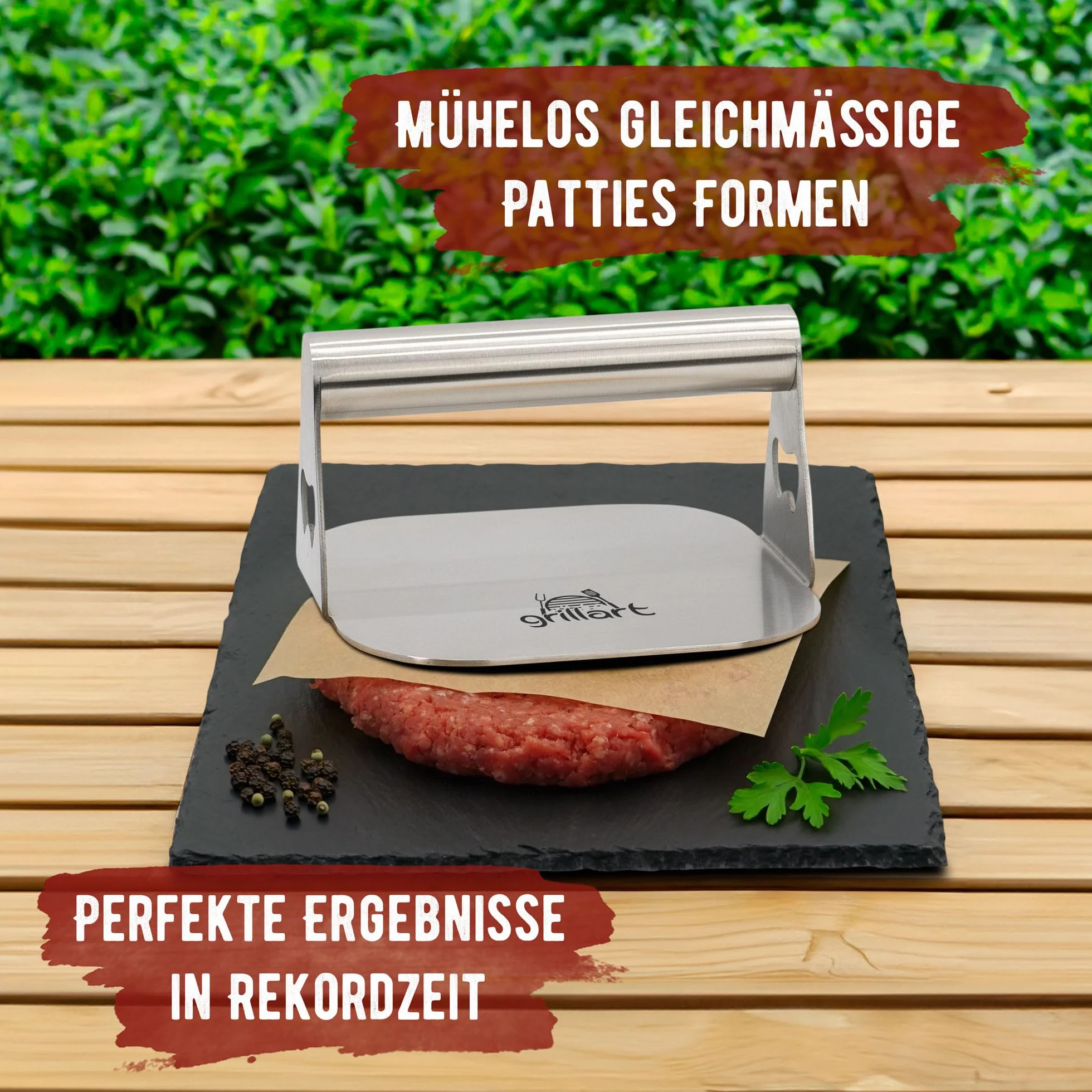 grillart® Premium prasa do burgerów z wysokiej jakości stali nierdzewnej na burgery typu smashed, w zestawie z 30 szt. papieru do burgerów – prasa do burgerów do użytku na planczy i teppanyaki – prasa