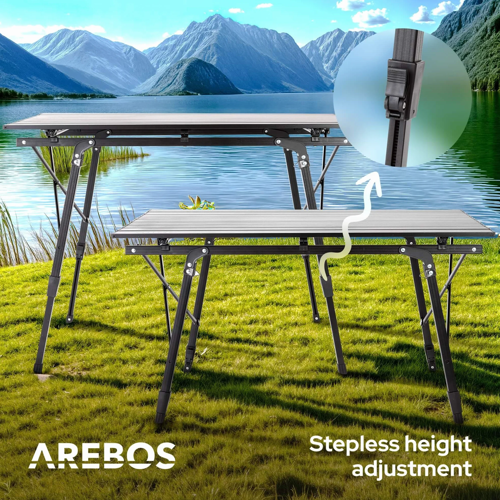 Arebos Składany stół kempingowy, 120 x 70 cm, z regulacją wysokości 58-78 cm, akcesoria kempingowe, ogród, grill, piknik, składany stół kempingowy, stół podróżny z torbą do przenoszenia, Czarny