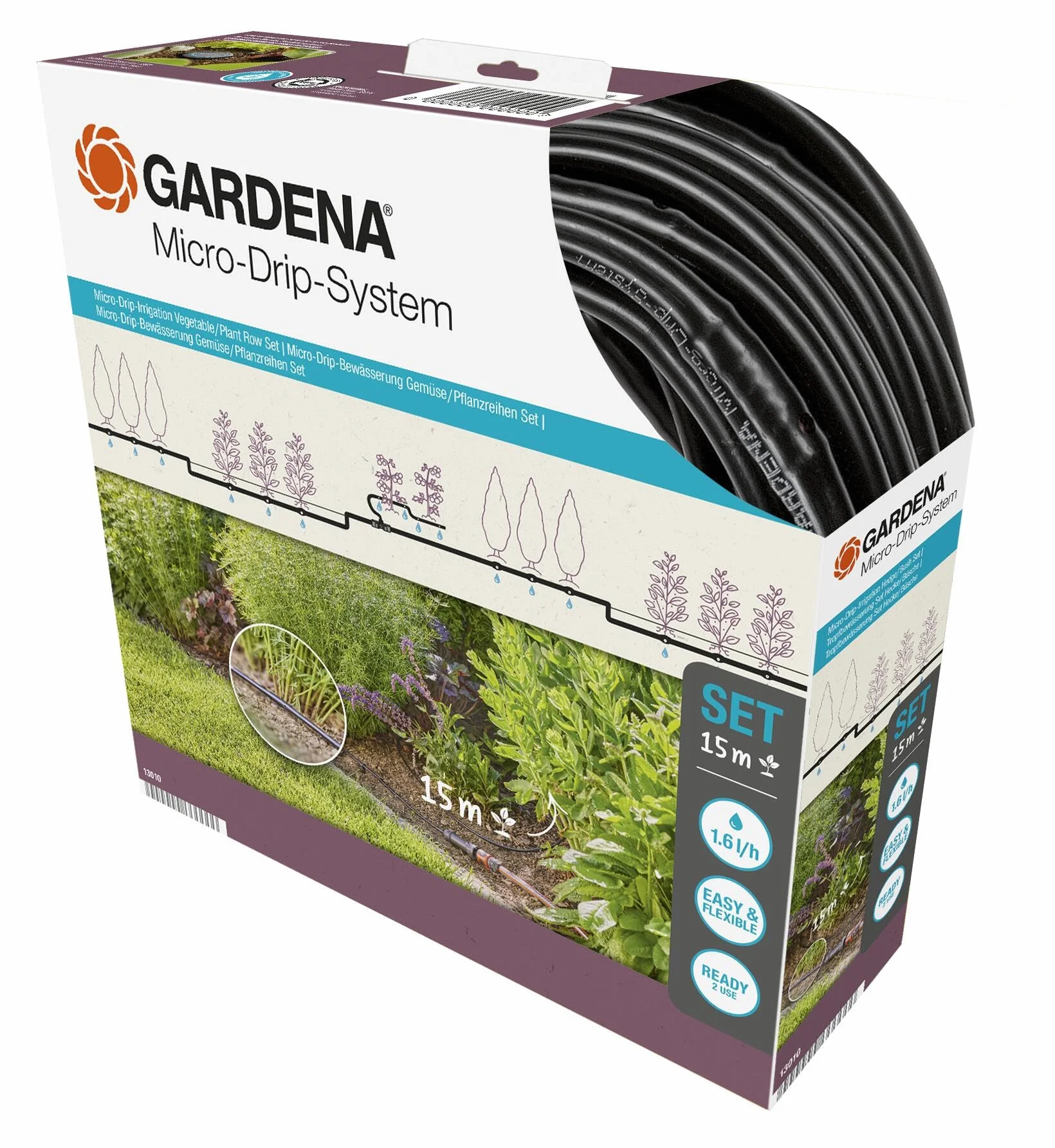 Gardena linia kroplująca do rzędów roślin – zestaw S: system nawadniania ogrodowego Micro-Drip zapewnia oszczędzające wodę, łagodne nawadnianie rzędów roślin (13010-20)