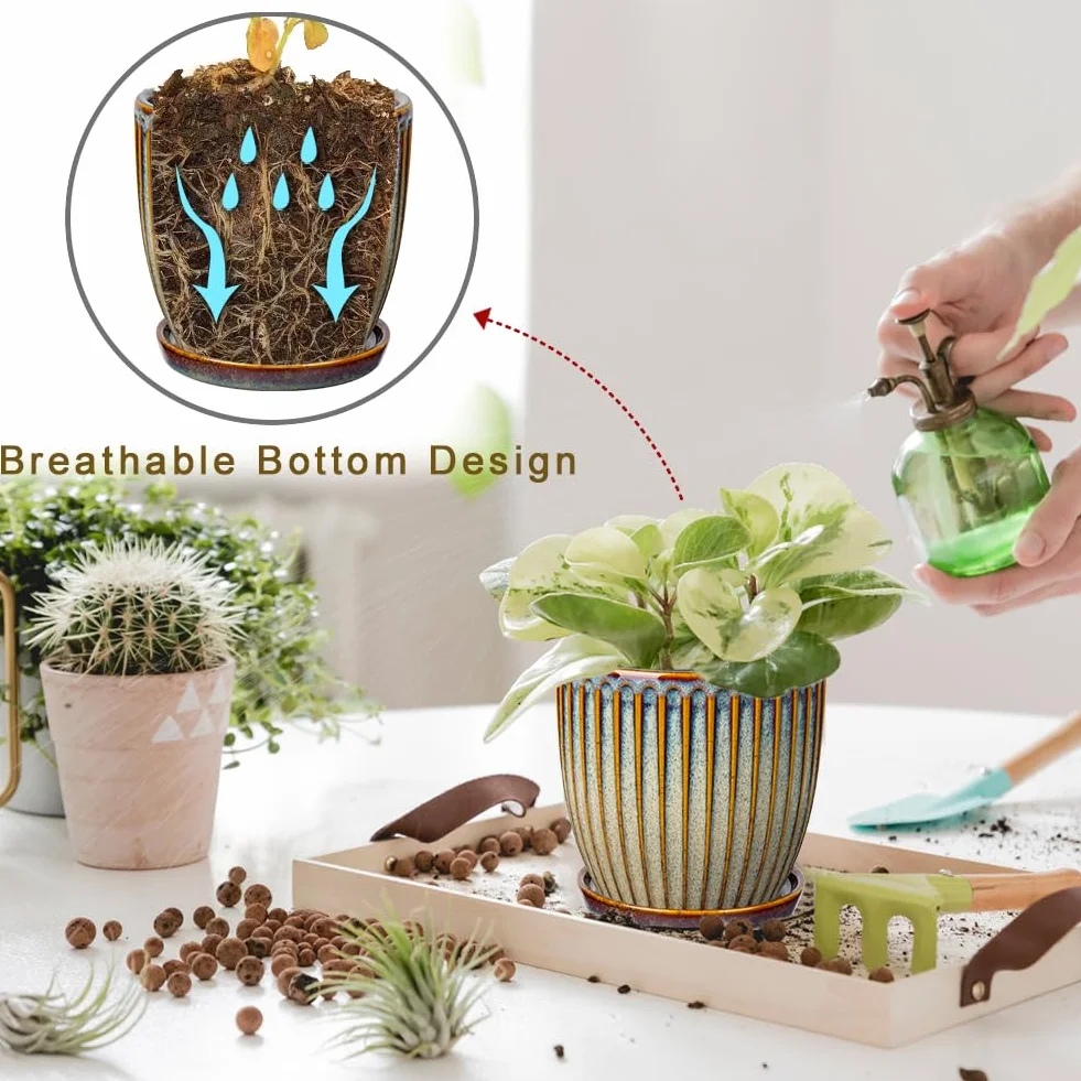 Ceramiczne doniczki Oairse Zestaw 2 sztuk 13 cm 15 cm brązowa z otworami drenażowymi